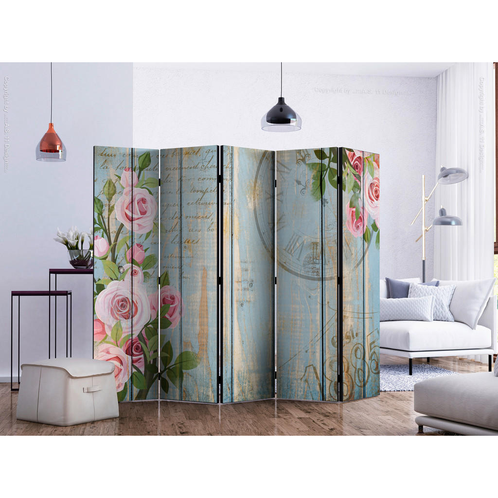 Thumbnail - artgeist Paravent, Pink, Pastellblau, Holz, Textil, Kiefer, massiv, Vintage, 225x172x3 cm, Motiv auf Vorder- und Rücksei...