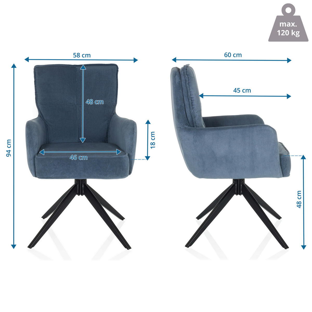 ARMLEHNSTUHL  in Cord  - Blau/Schwarz, MODERN, Textil/Metall (58/94/60cm) - MID.YOU