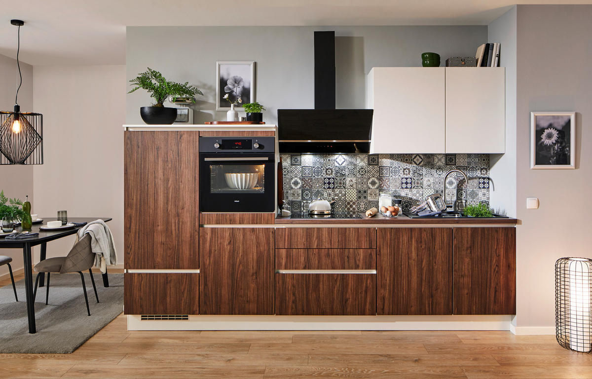 EINBAUKÜCHE 371  - Nussbaumfarben/Weiß, Design, Holzwerkstoff - Celina