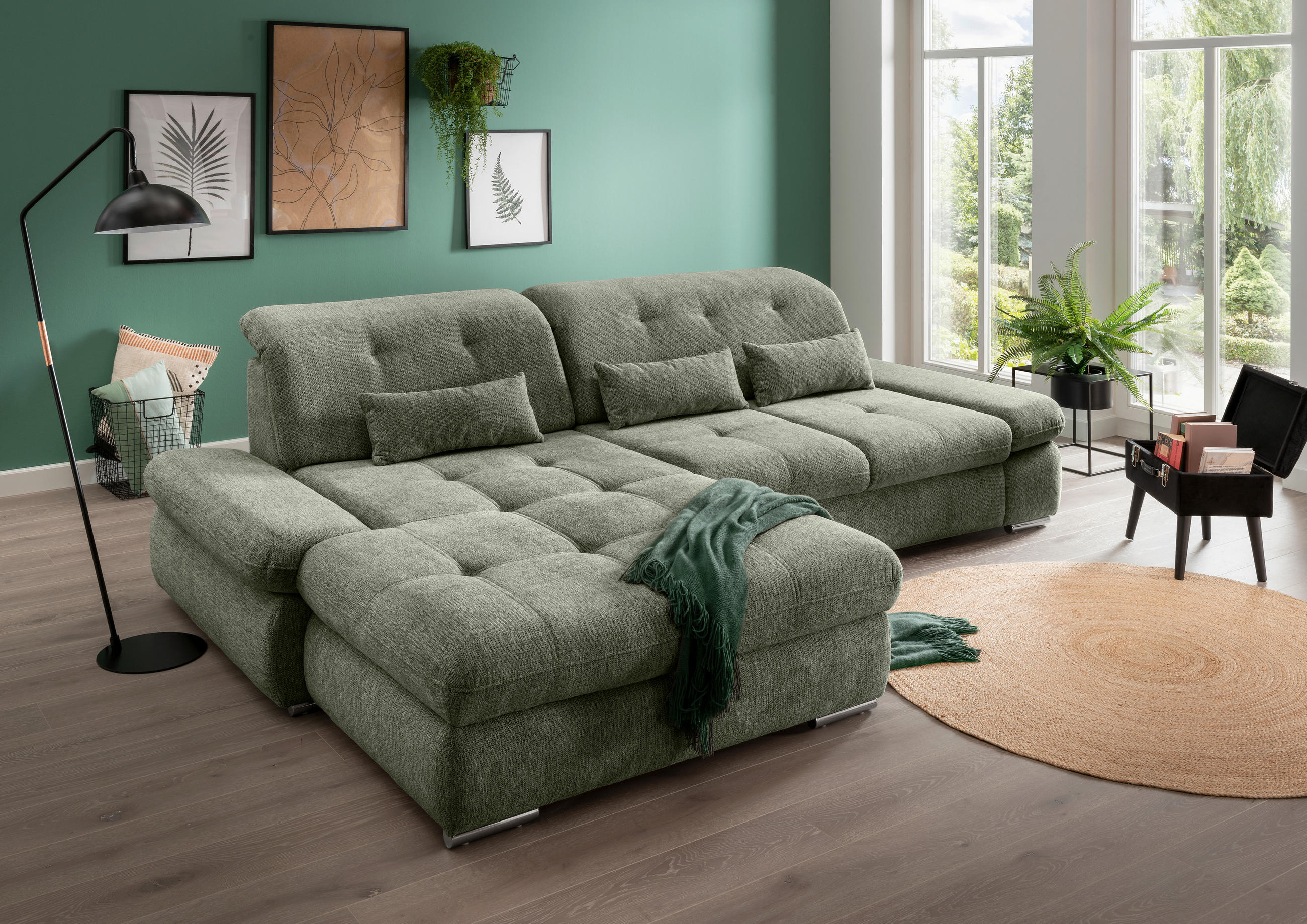 ECKSOFA Dunkelgrün Chenille  - Chromfarben/Dunkelgrün, Design, Textil/Metall (196/300cm) - Livetastic