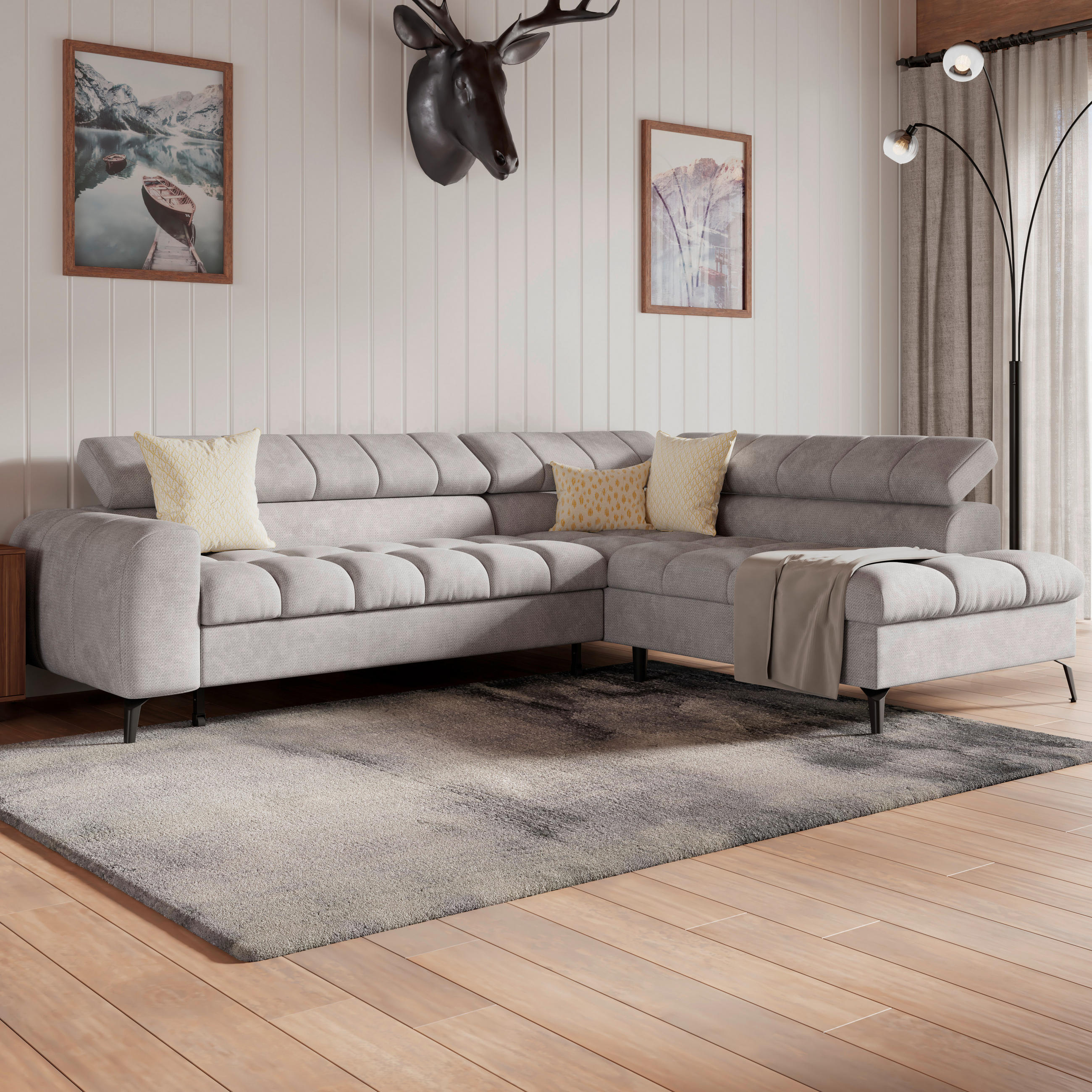 ECKSOFA in Flachgewebe Hellgrau  - Hellgrau/Schwarz, Trend, Kunststoff/Textil (261/203cm) - Livetastic