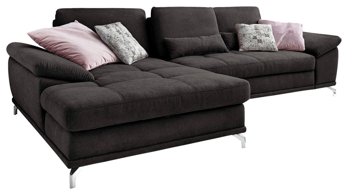 ECKSOFA  in Flachgewebe Schwarz Sitztiefenverstellung  176/301 cm  - Silberfarben/Schwarz, KONVENTIONELL, Textil/Metall (176/301cm) - Sit & More