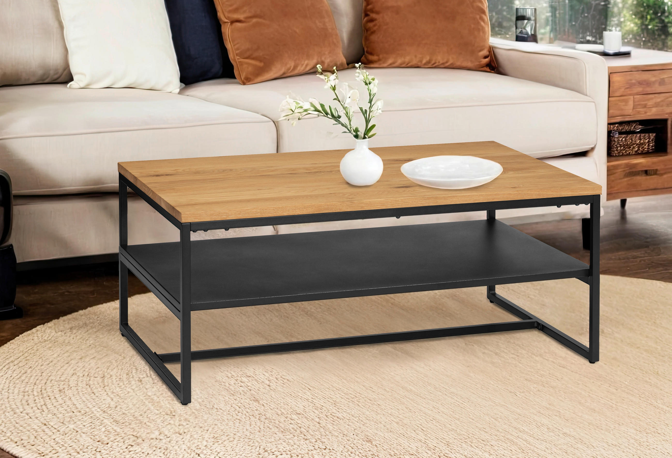 COUCHTISCH Eiche massiv 105/65/45,5 cm rechteckig Naturfarben, Schwarz  - Schwarz/Naturfarben, Design, Holz/Metall (105/65/45,5cm) - MID.YOU