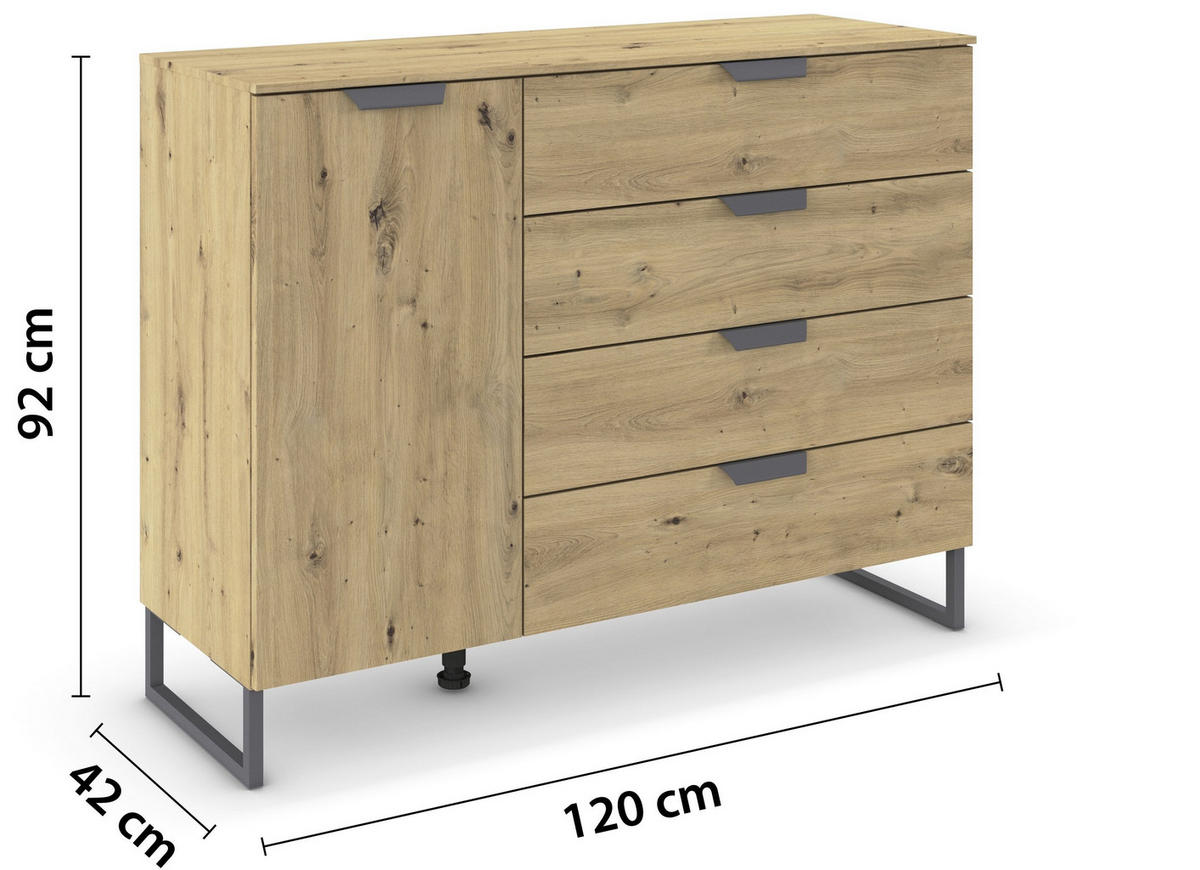 KOMMODE  in 120/92/42 cm  - Dunkelgrau/Eiche Artisan, Design, Holzwerkstoff/Metall (120/92/42cm) - Carryhome