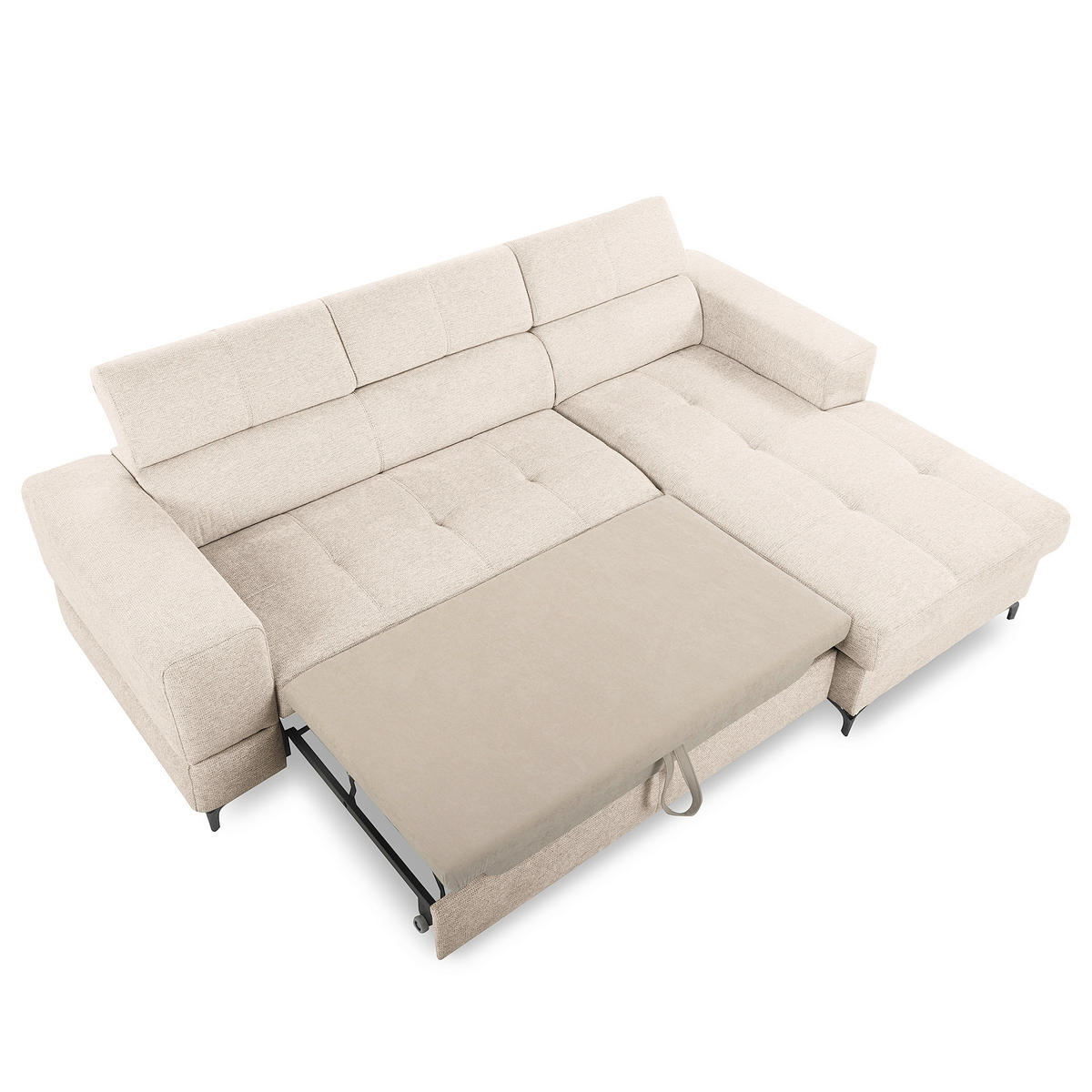 ECKSOFA TORINO Beige Chenille Bettkasten, Kopfteilverstellung  - Beige/Schwarzchrom, Design, Textil/Metall (247/173cm) - Livetastic