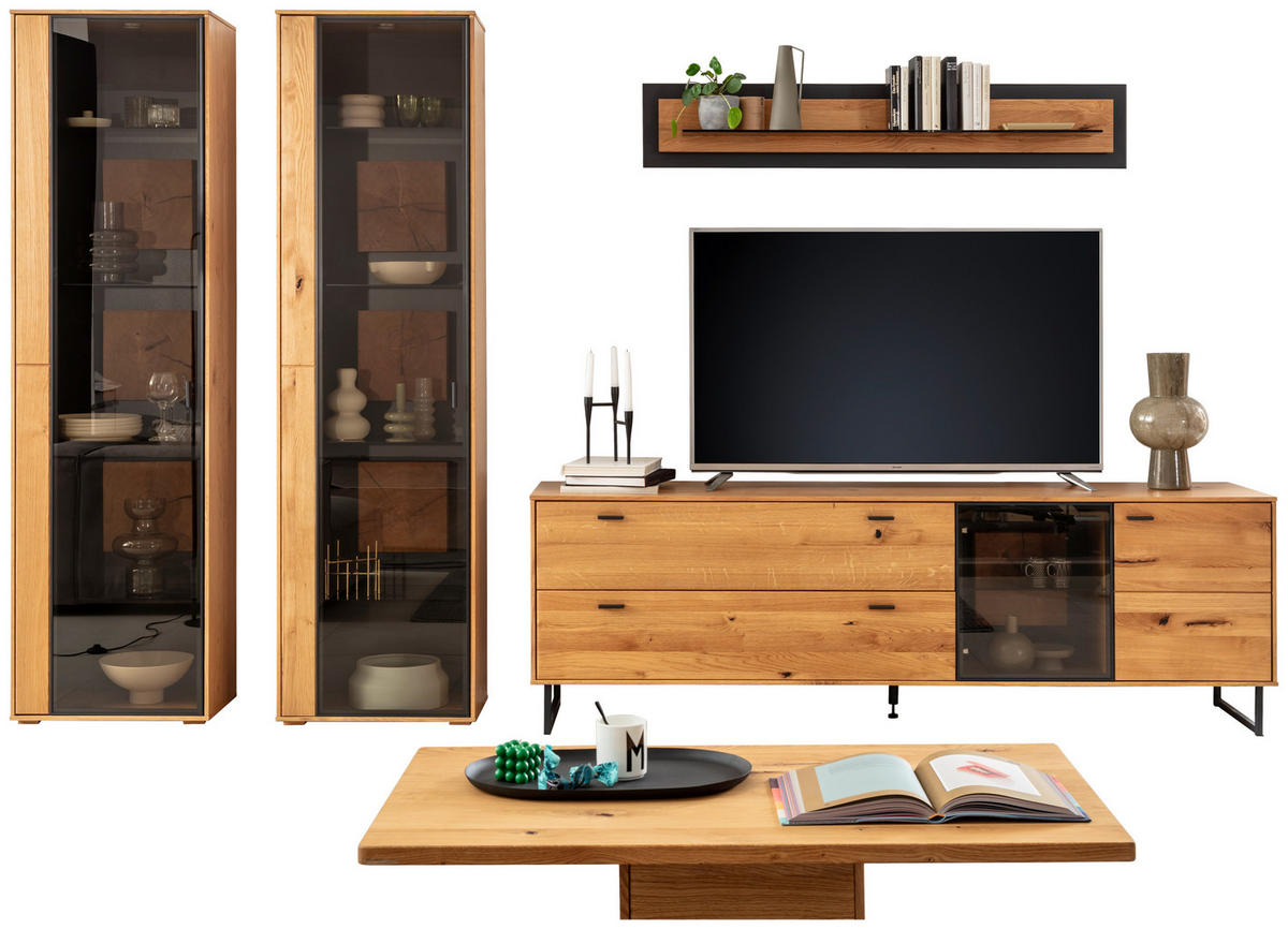 WOHNWAND  in Wildeiche 359/206/50 cm  - Wildeiche/Schwarz, Design, Glas/Holz (359/206/50cm) - MID.YOU