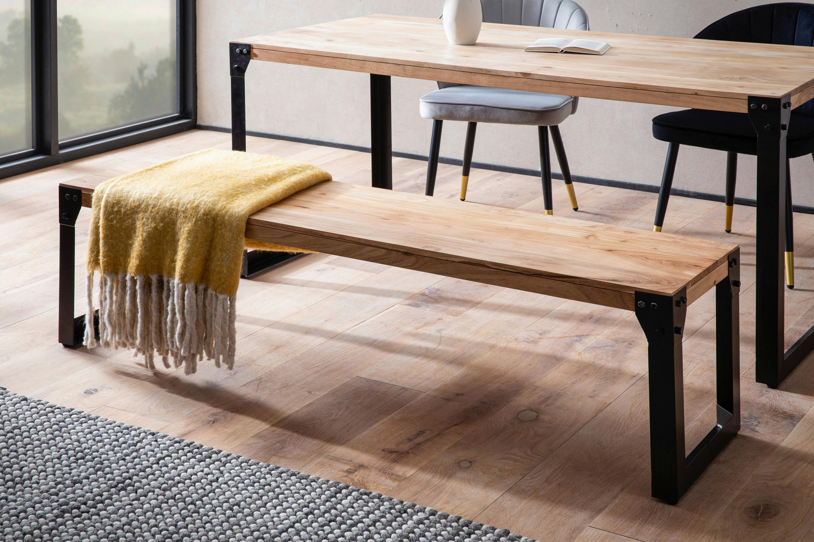 SITZBANK 140/45/40 cm Akaziefarben Akazie massiv Metall  - Schwarz/Akaziefarben, Design, Holz/Metall (140/45/40cm) - MID.YOU