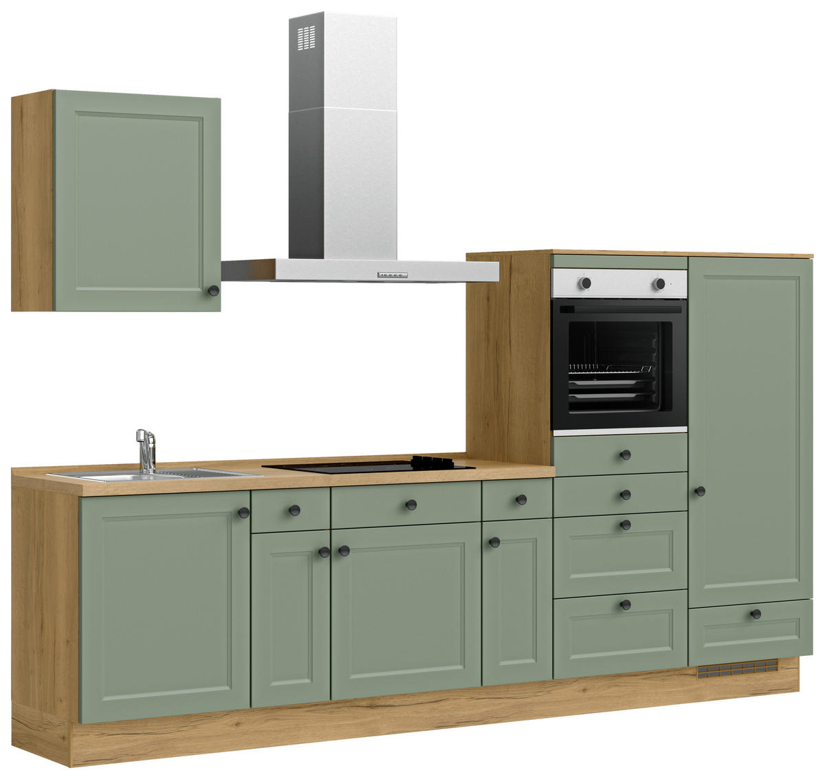 BUCĂTĂRIE FĂRĂ ELECTROCASNICE  - verde/culoare lemn stejar, Modern, metal/material pe bază de lemn (300cm) - Nobilia