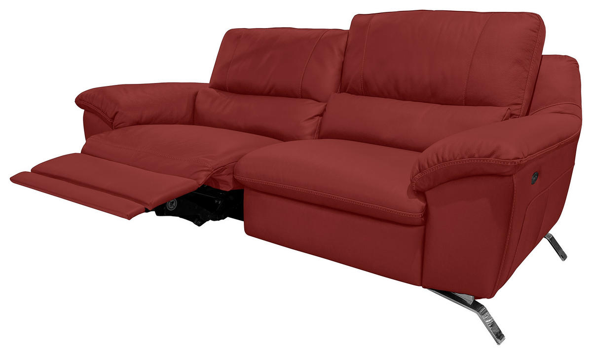 2,5-SITZER mit Relaxfunktion in Kombination Echtleder/Lederlook Rot  - Silberfarben/Rot, Design, Leder/Metall (216/97/95-151cm) - Livetastic