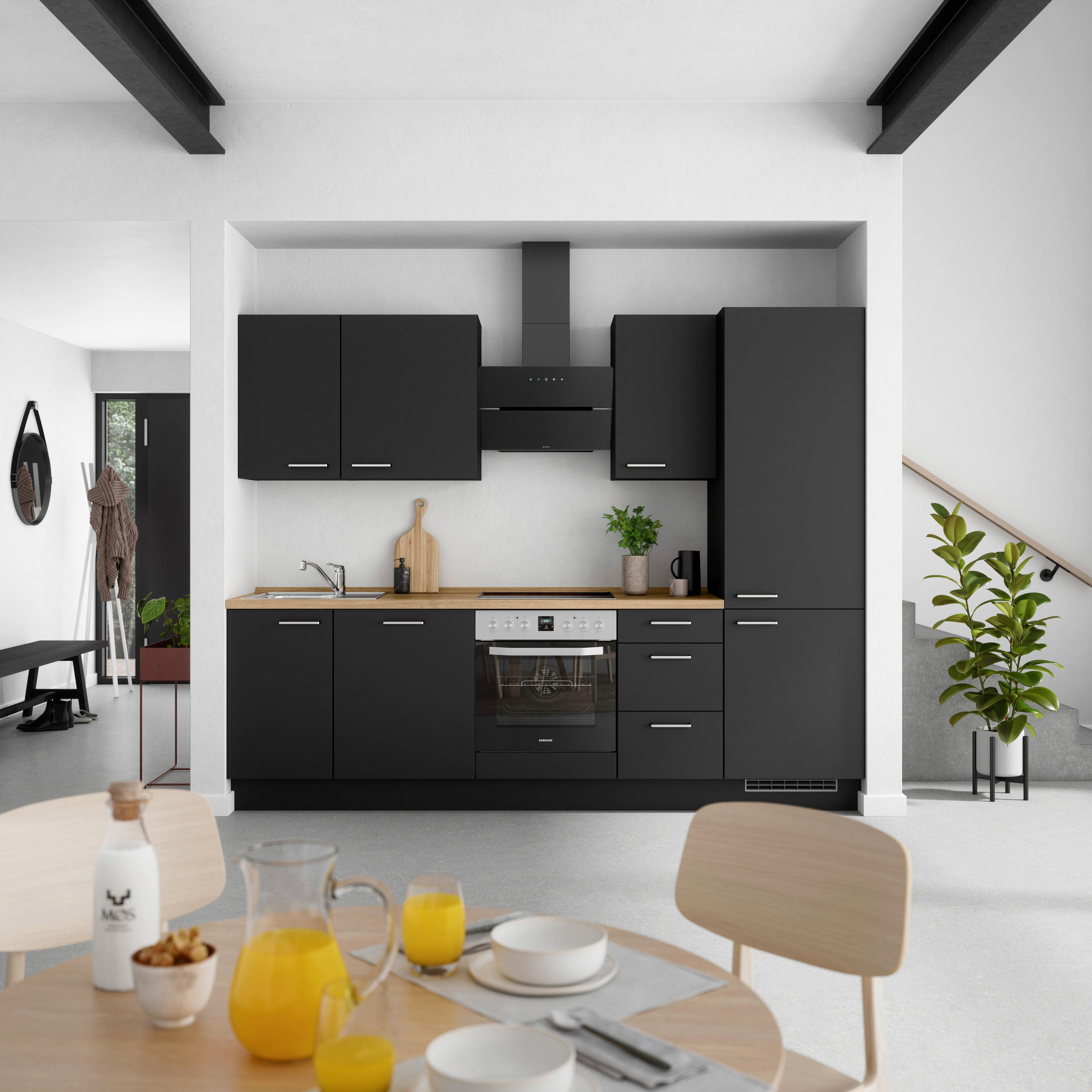 KÜCHENBLOCK 270 cm   in Schwarz, Eichefarben  - Edelstahlfarben/Eichefarben, MODERN, Holzwerkstoff/Metall (270cm) - Nobilia