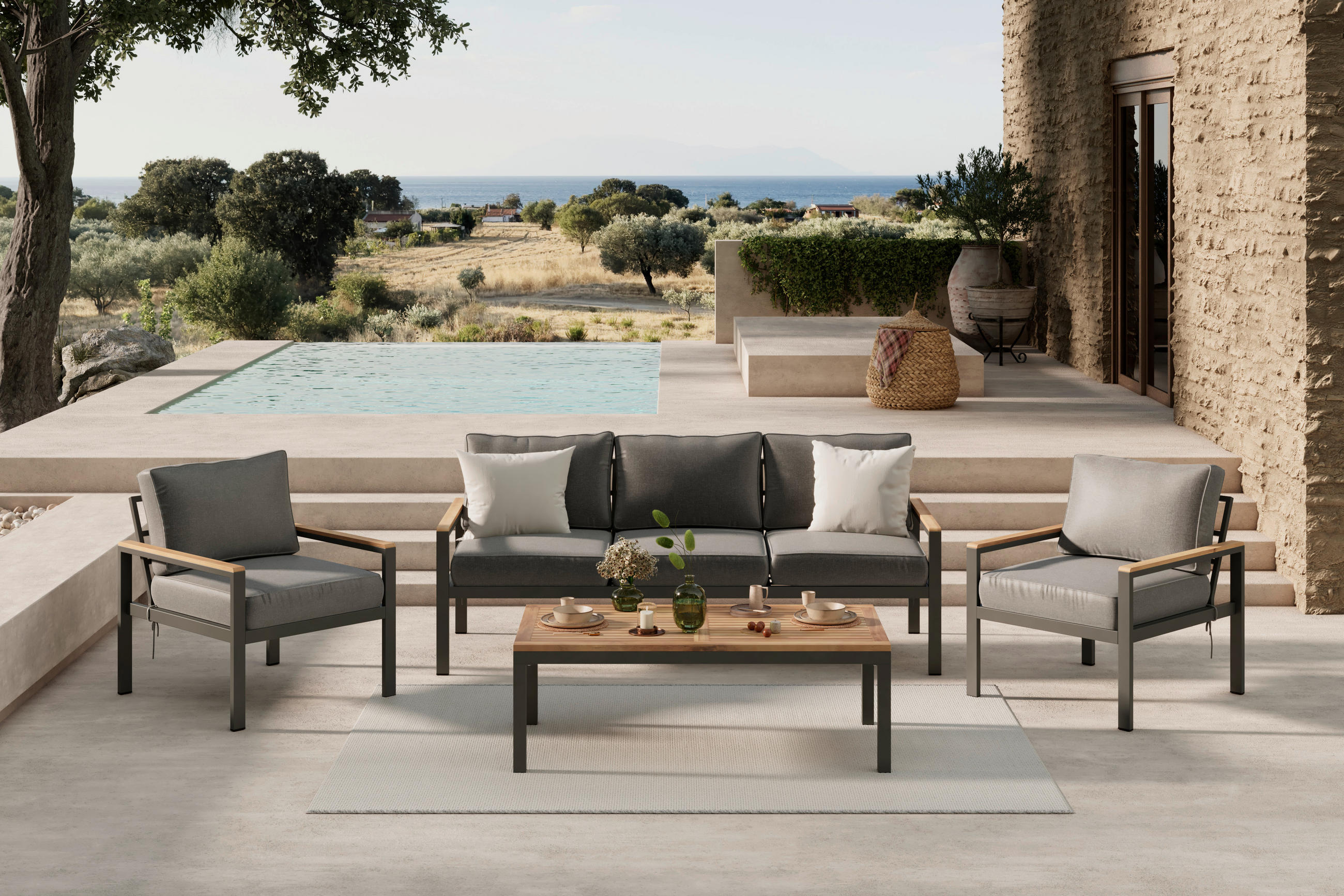 LOUNGEGARNITUR   191/72/75 cm Akazie vollmassiv Aluminium  - Schwarz/Akaziefarben, MODERN, Holz/Textil (191/72/75cm) - Ambia Garden