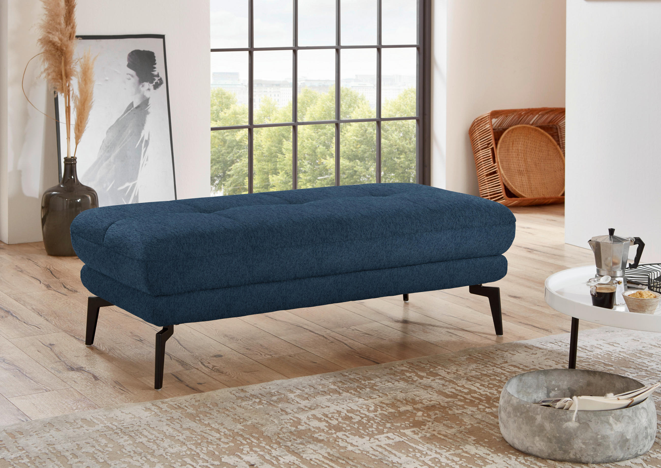 HOCKER in Textil Blau  - Blau/Schwarz, Design, Textil/Metall (132/45/68cm) - Beldomo Style