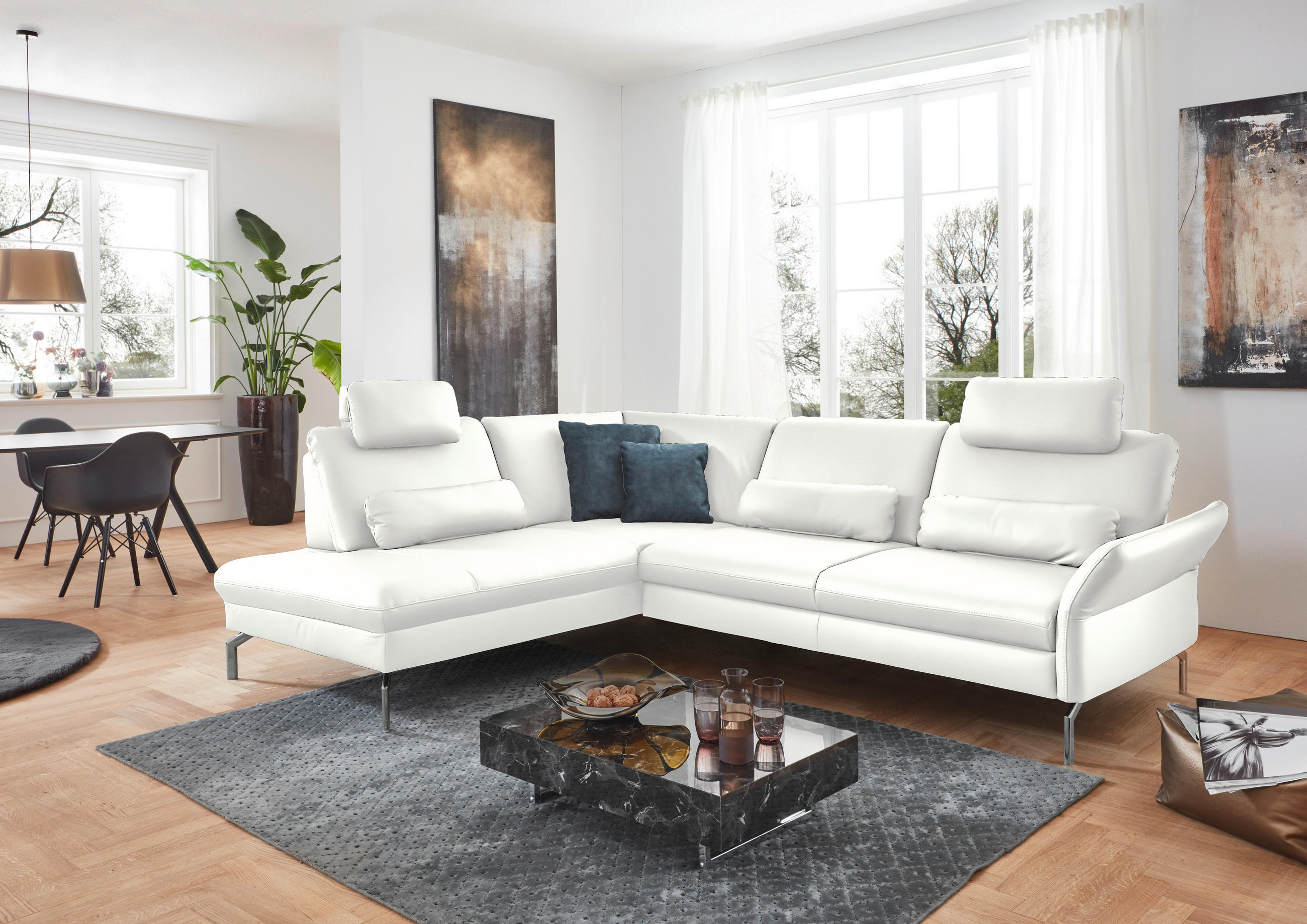 ECKSOFA in Echtleder Weiß  220/284 cm  - Alufarben/Weiß, KONVENTIONELL, Leder/Metall (220/284cm) - Beldomo Premium