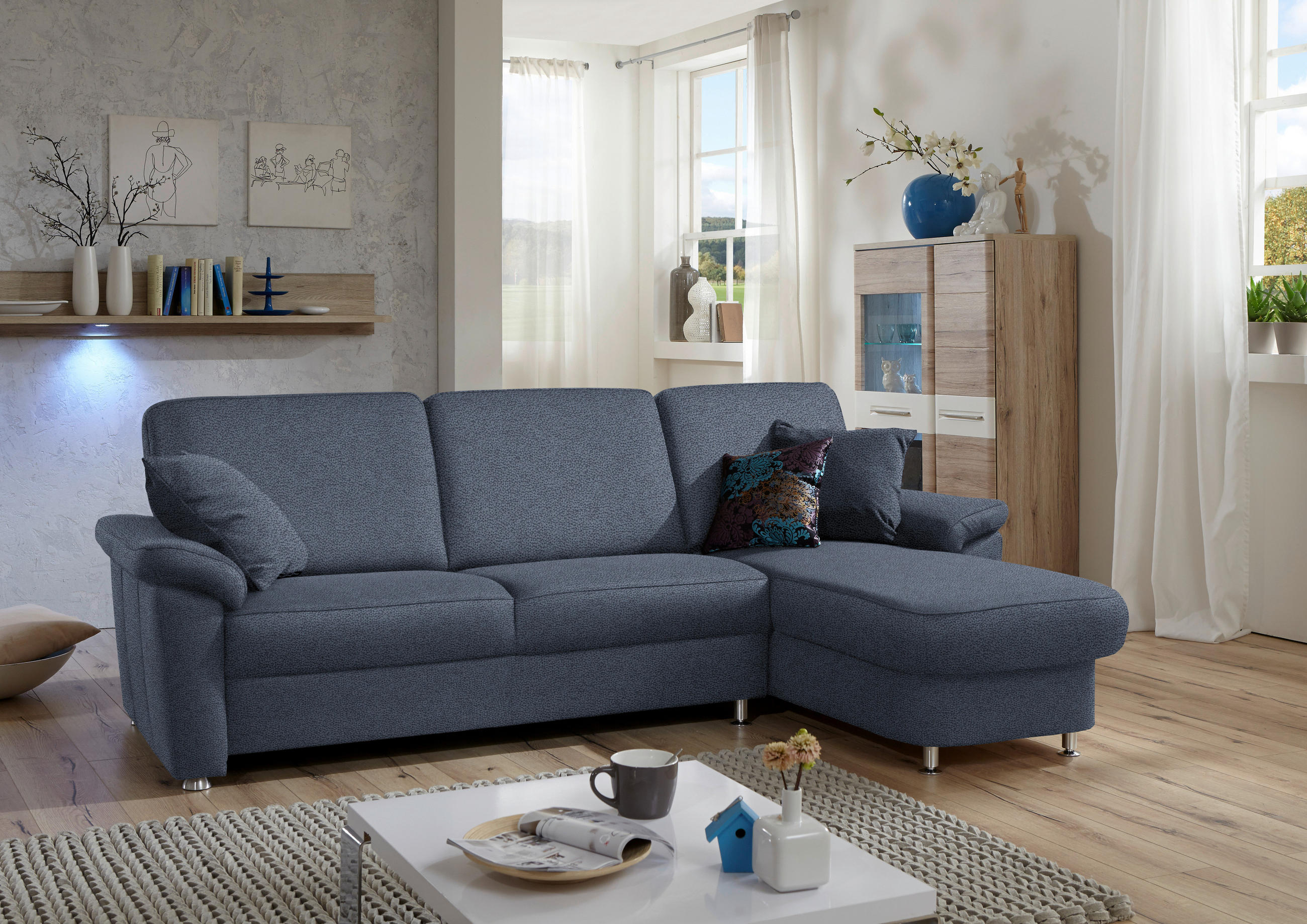 ECKSOFA in Flachgewebe Blau  - Chromfarben/Blau, Konventionell, Textil/Metall (250/163cm) - Beldomo System