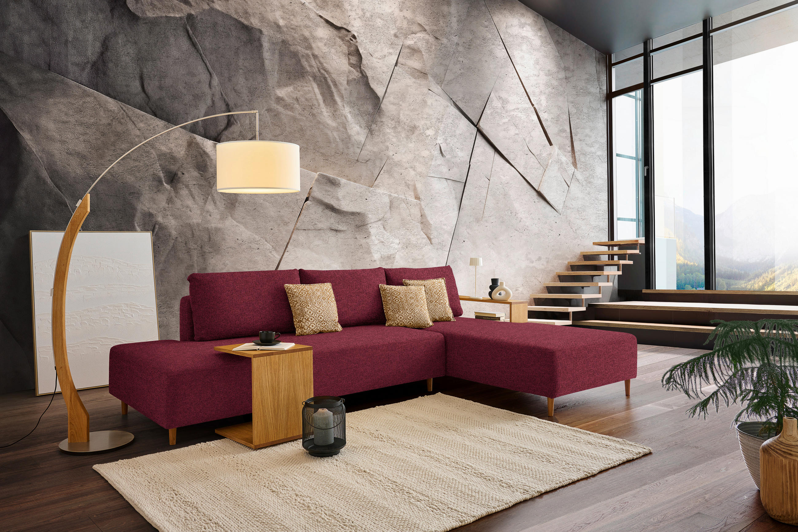 ECKSOFA in Flachgewebe Rot  - Eichefarben/Rot, Design, Holz/Textil (307/190cm) - Joka