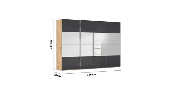 SCHWEBETÜRENSCHRANK  in Schwarz, Eiche Artisan  - Chromfarben/Schwarz, Design, Glas/Holzwerkstoff (316/235/68cm) - Novel