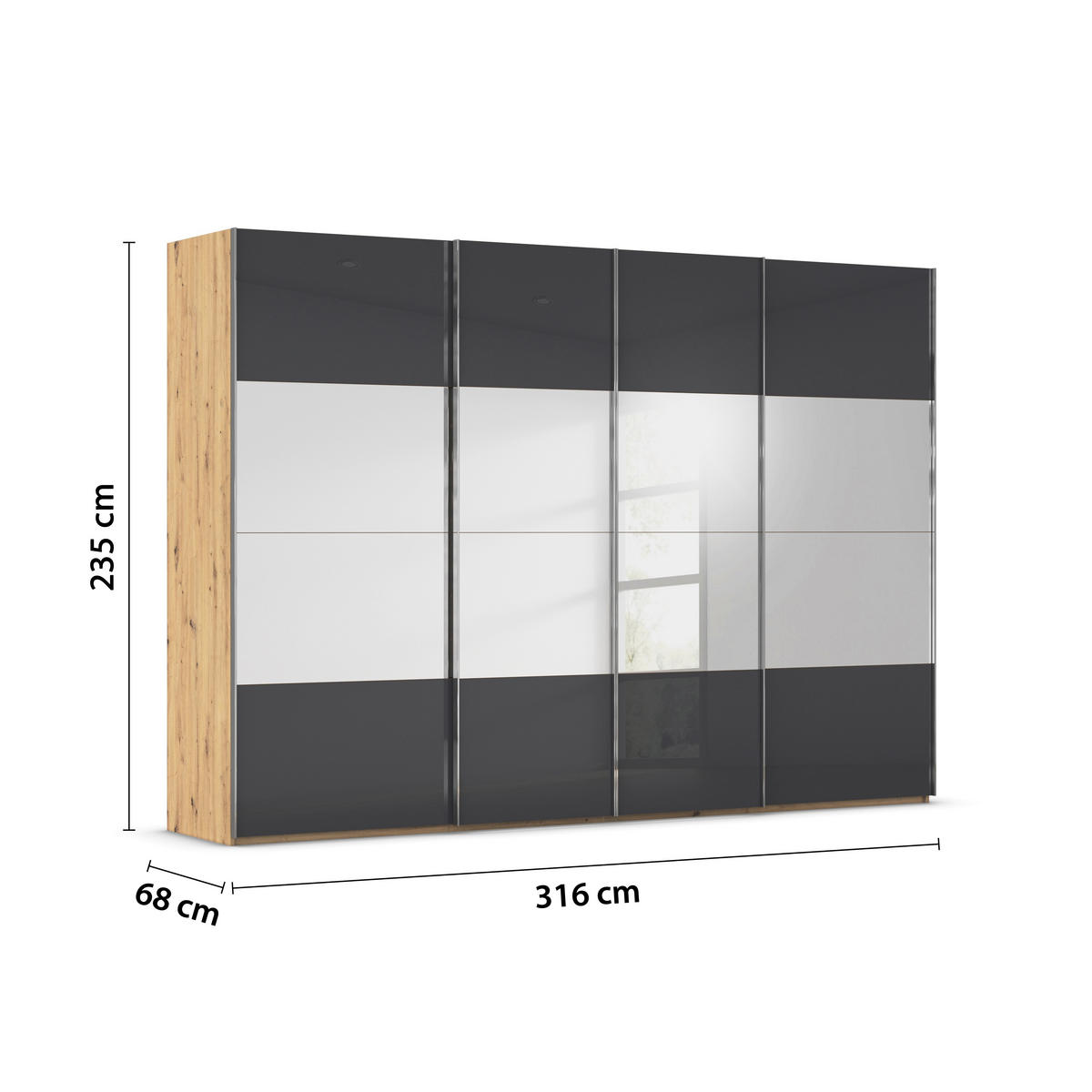 SCHWEBETÜRENSCHRANK 316/235/68 cm 4-türig Schwarz, Eiche Artisan  - Chromfarben/Schwarz, Design, Glas/Holzwerkstoff (316/235/68cm) - Novel