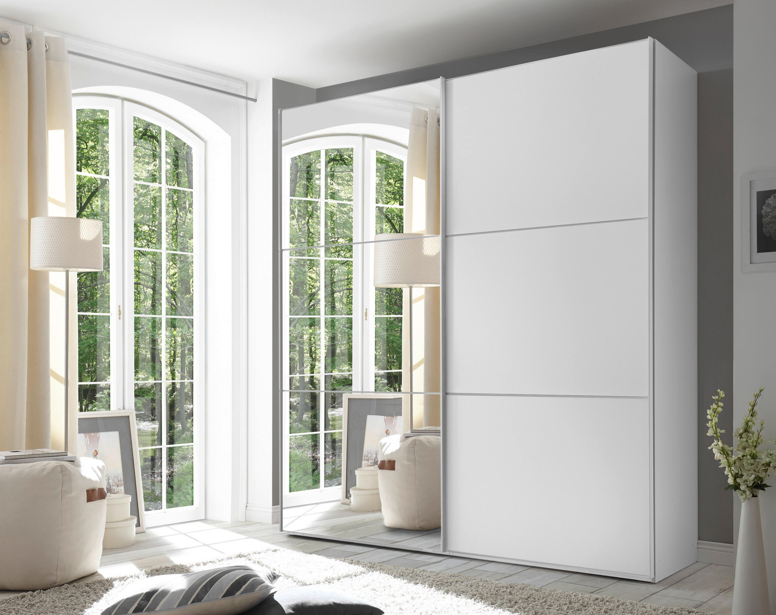 SCHWEBETÜRENSCHRANK 2-türig Weiß  - Alufarben/Weiß, KONVENTIONELL, Glas/Holzwerkstoff (200/222/68cm) - Moderano