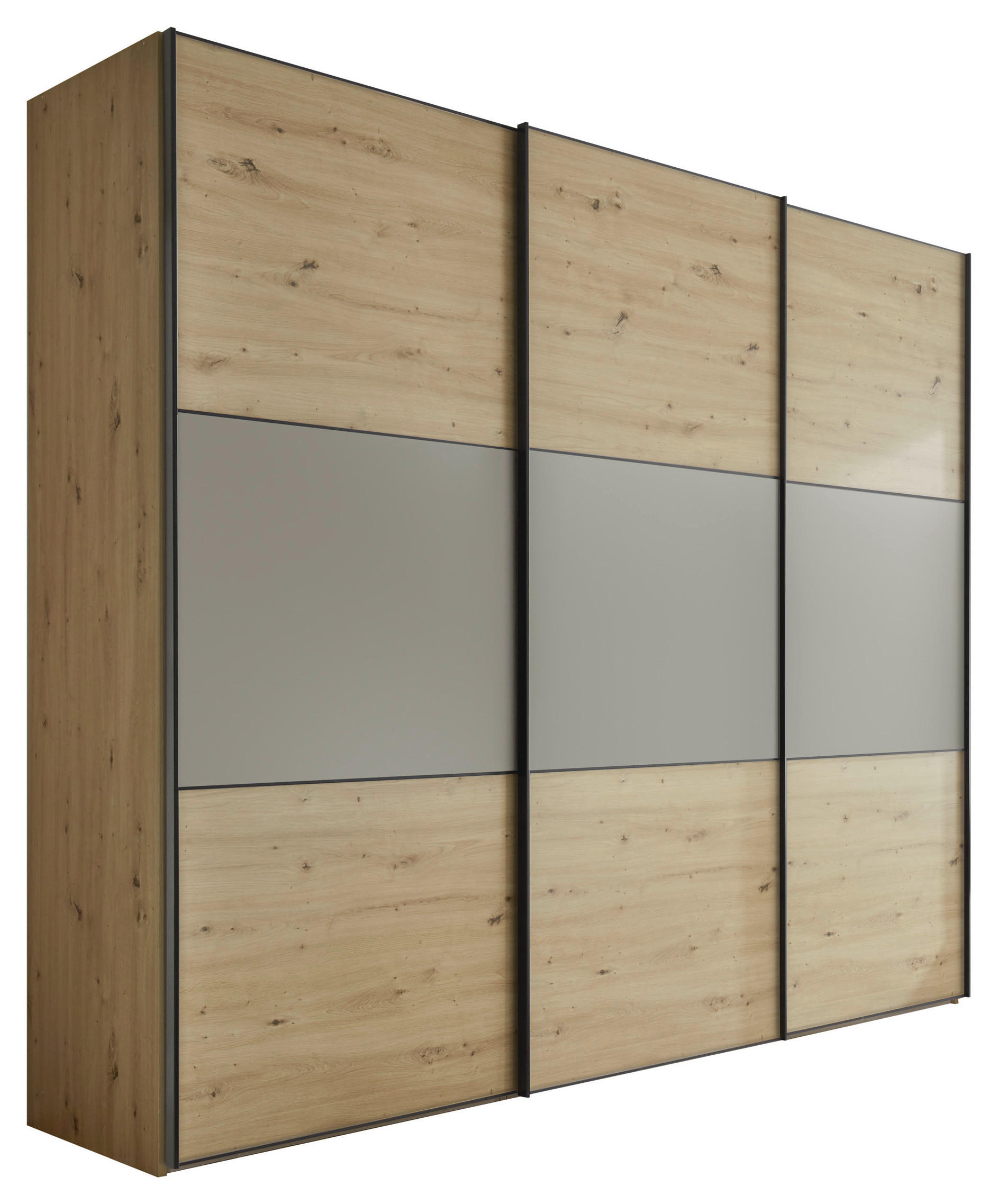 SCHWEBETÜRENSCHRANK 249/222/68 cm 3-türig Hellgrau, Eiche Artisan  - Hellgrau/Schwarz, Holzwerkstoff/Metall (249/222/68cm) - Moderano