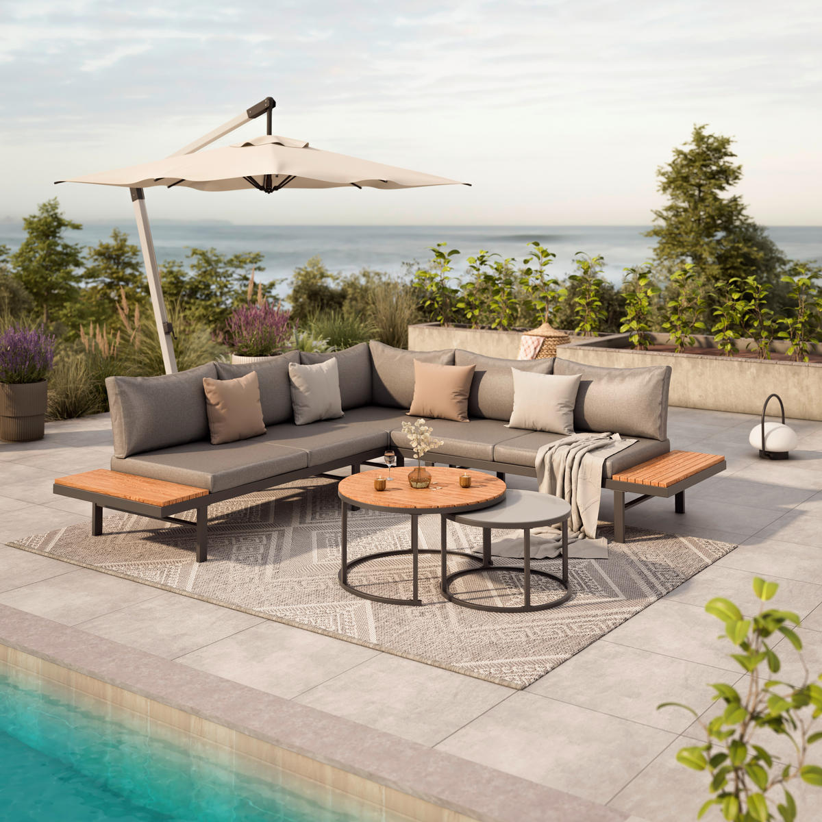 LOUNGEGARNITUR   Akazie massiv Stahl  - Grau, Design, Glas/Holz - Ambia Garden