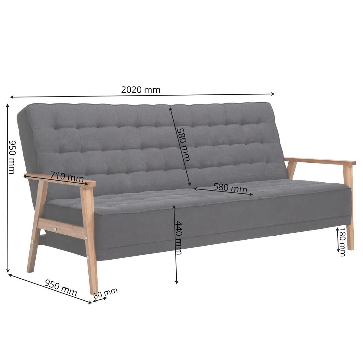 TROSJED NA RAZVLAČENJE tekstil  tamno siva    - boje jasena/tamno siva, Design, tekstil/drvo (202/95/95cm) - P & B