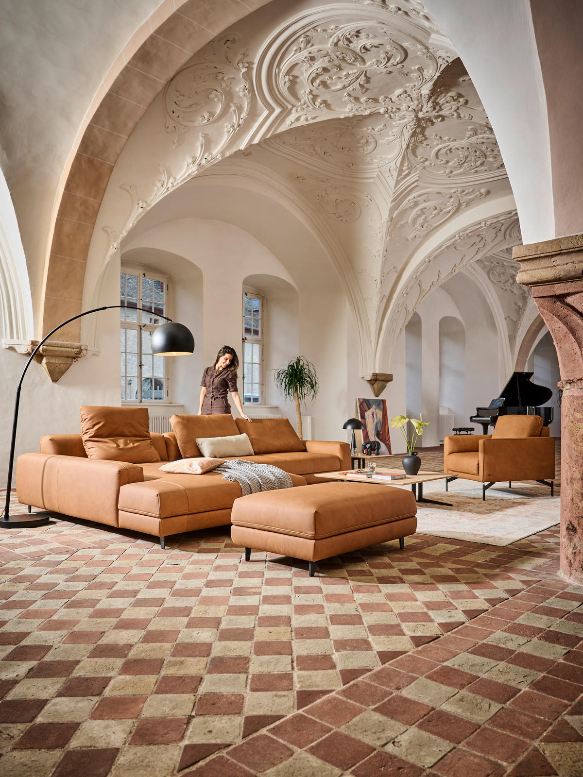 ECKSOFA in Echtleder Hellbraun  - Hellbraun/Anthrazit, Design, Leder/Metall (225/355cm) - Johann Jakob