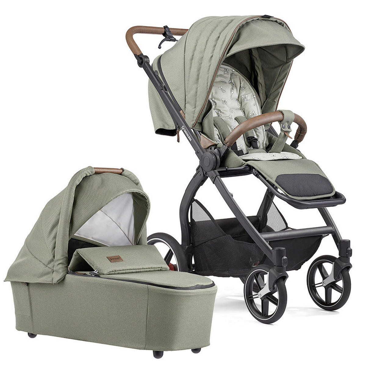 KOMBIKINDERWAGEN  FX4 Swing Set mit Handbremse  Grün-Tabak-Bärchen farngrün  - Salbeigrün/Schwarz, Basics, Textil (100/55/130cm) - Gesslein