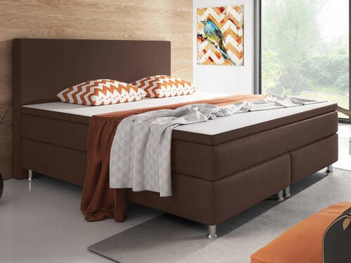 BOXSPRINGBETT 180/200 cm,  in Braun, Matratze, gepolstertes Kopfteil, Topper, H3 + H3 = fest  - Silberfarben/Braun, KONVENTIONELL, Textil/Metall (180/200cm) - MID.YOU
