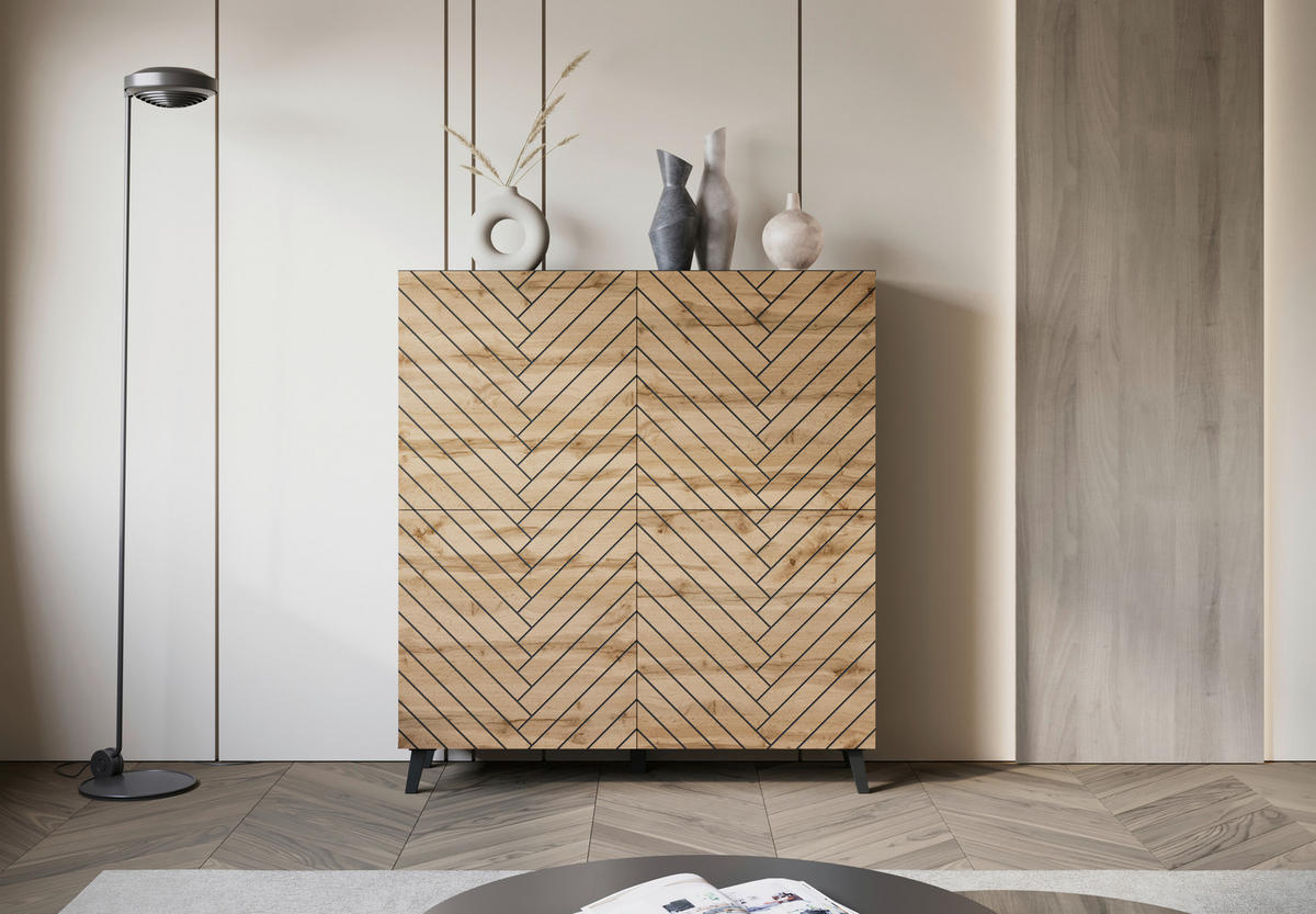 HIGHBOARD  in 120/130/39 cm  - Eiche Wotan/Schwarz, Trend, Holzwerkstoff/Kunststoff (120/130/39cm) - Livetastic