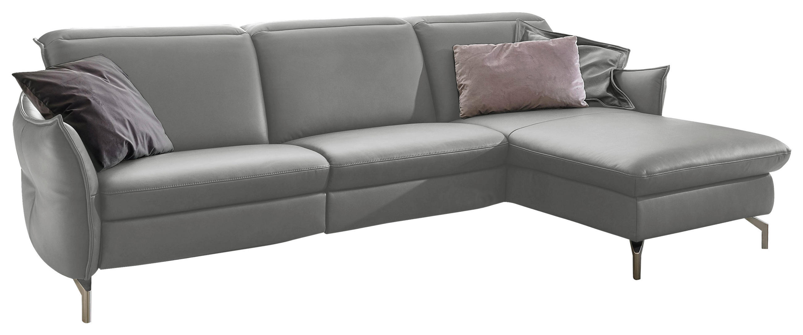 ECKSOFA Hellgrau Echtleder  - Hellgrau/Nickelfarben, MODERN, Leder/Metall (233/179cm) - Livetastic
