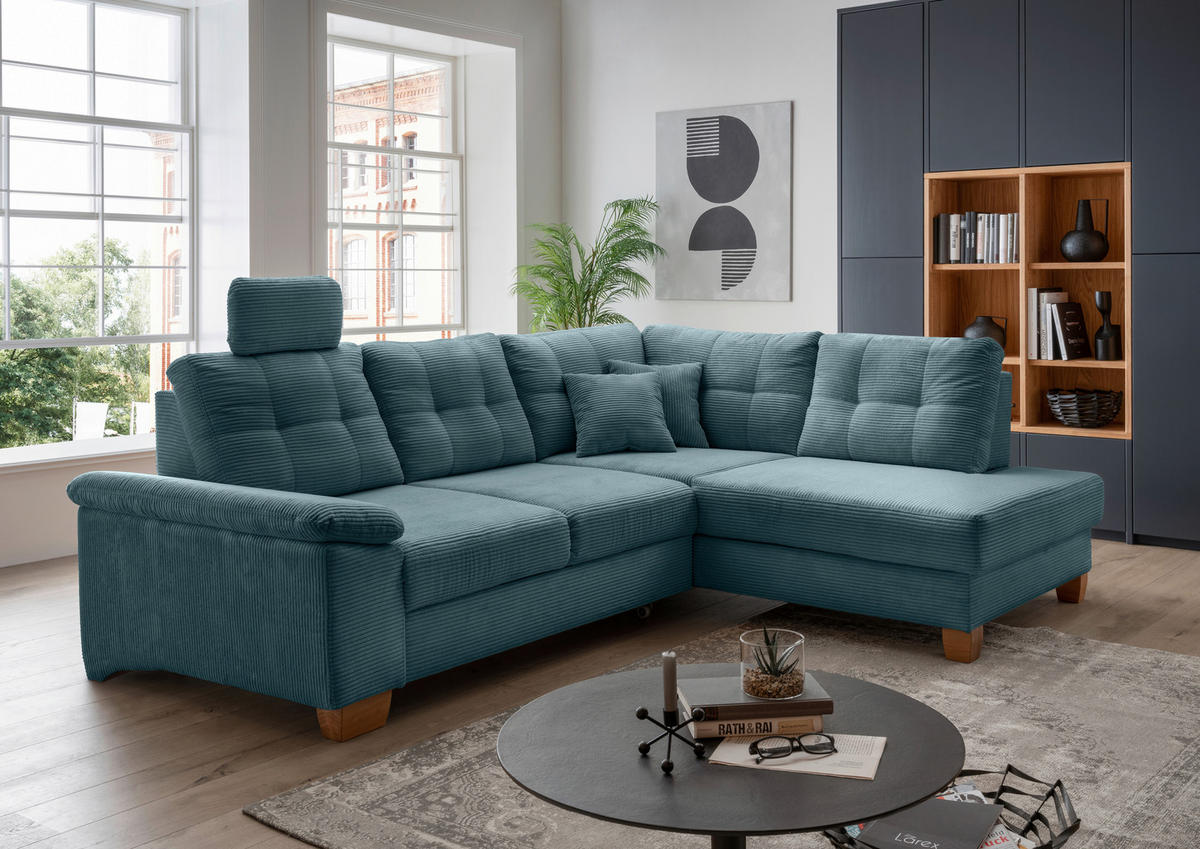 ECKSOFA in Cord Petrol  - Petrol/Naturfarben, Modern, Holz/Textil (274/206cm) - Livetastic