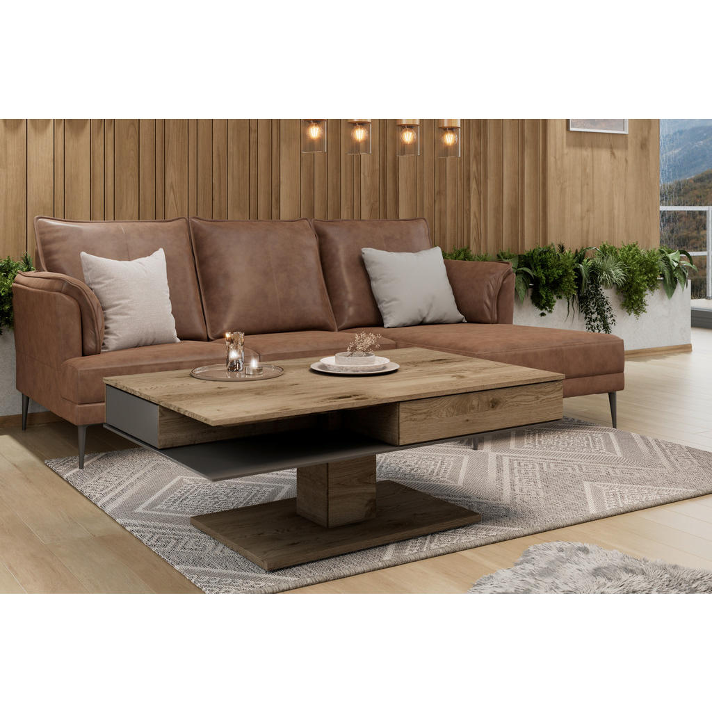Thumbnail - Voglauer Couchtisch, Anthrazit, Eiche, Holz, Glas, Altholz, Eiche, massiv, 2 Schubladen, rechteckig, eckig, Bodenplatte,...