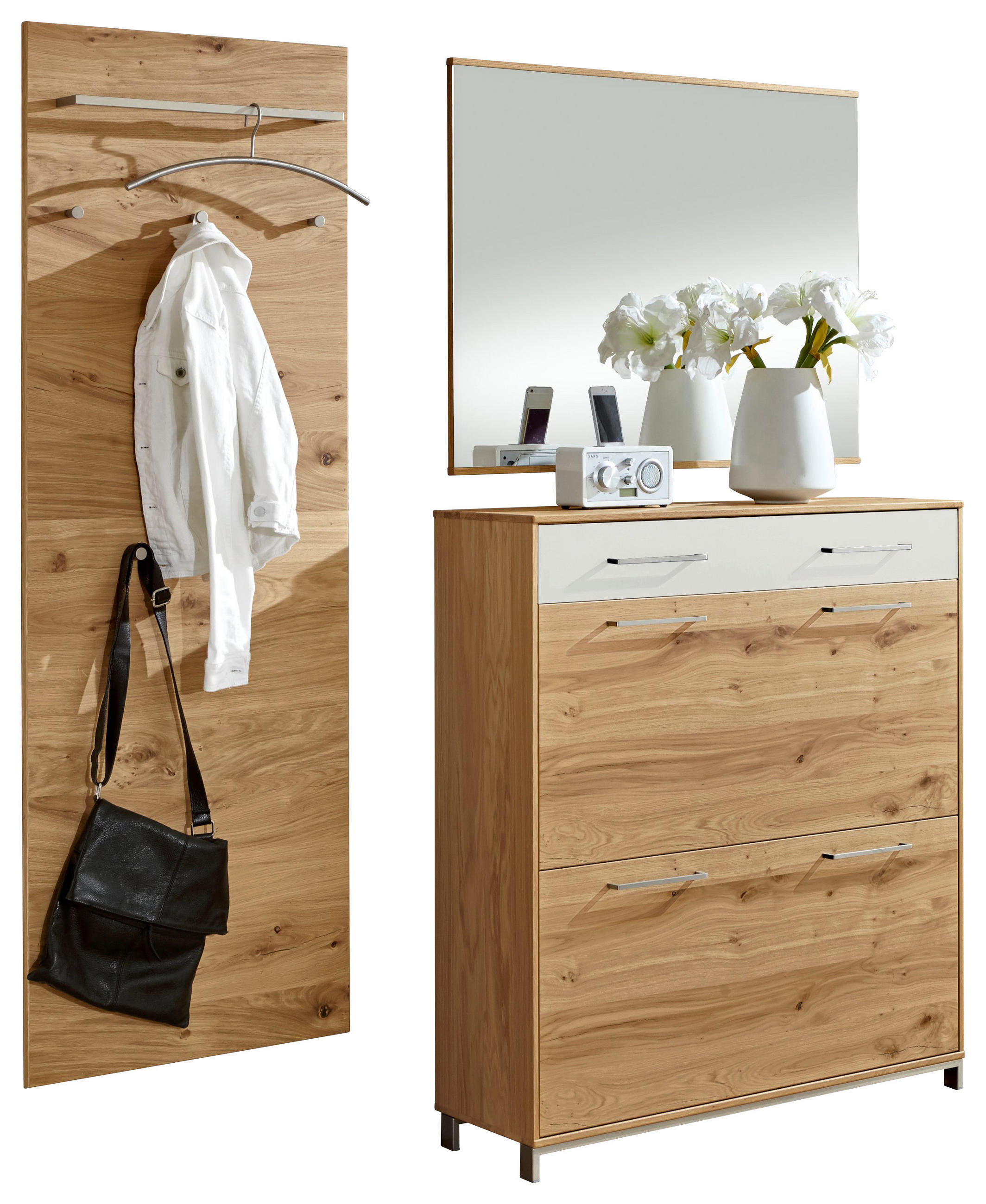 GARDEROBE Weiß, Eichefarben - Eichefarben/Weiß, Design, Glas/Holz (170/195/31cm)