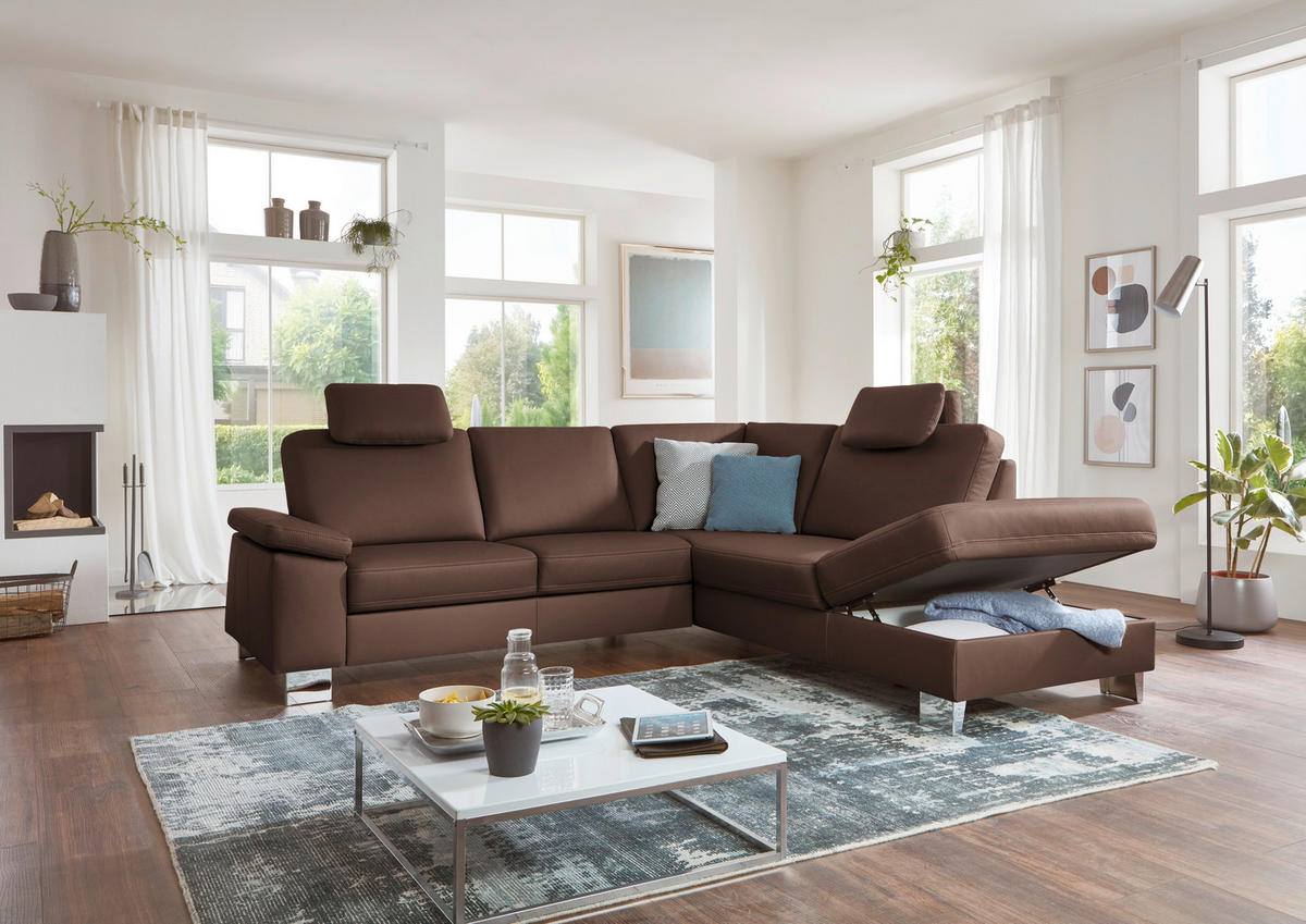 ECKSOFA  in Echtleder Braun  248/235 cm  - Alufarben/Braun, Design, Leder/Metall (248/235cm) - Beldomo Premium