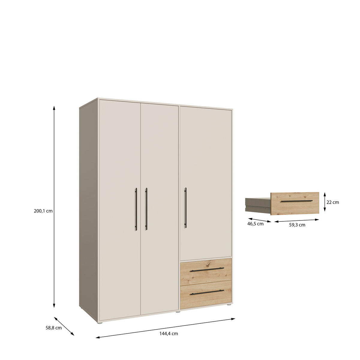 KLEIDERSCHRANK 144/200/59 cm,  in Sandfarben, Eiche Artisan, 3 Tür(en)  - Sandfarben/Schwarz, KONVENTIONELL, Holzwerkstoff/Kunststoff (144/200/59cm) - Milino