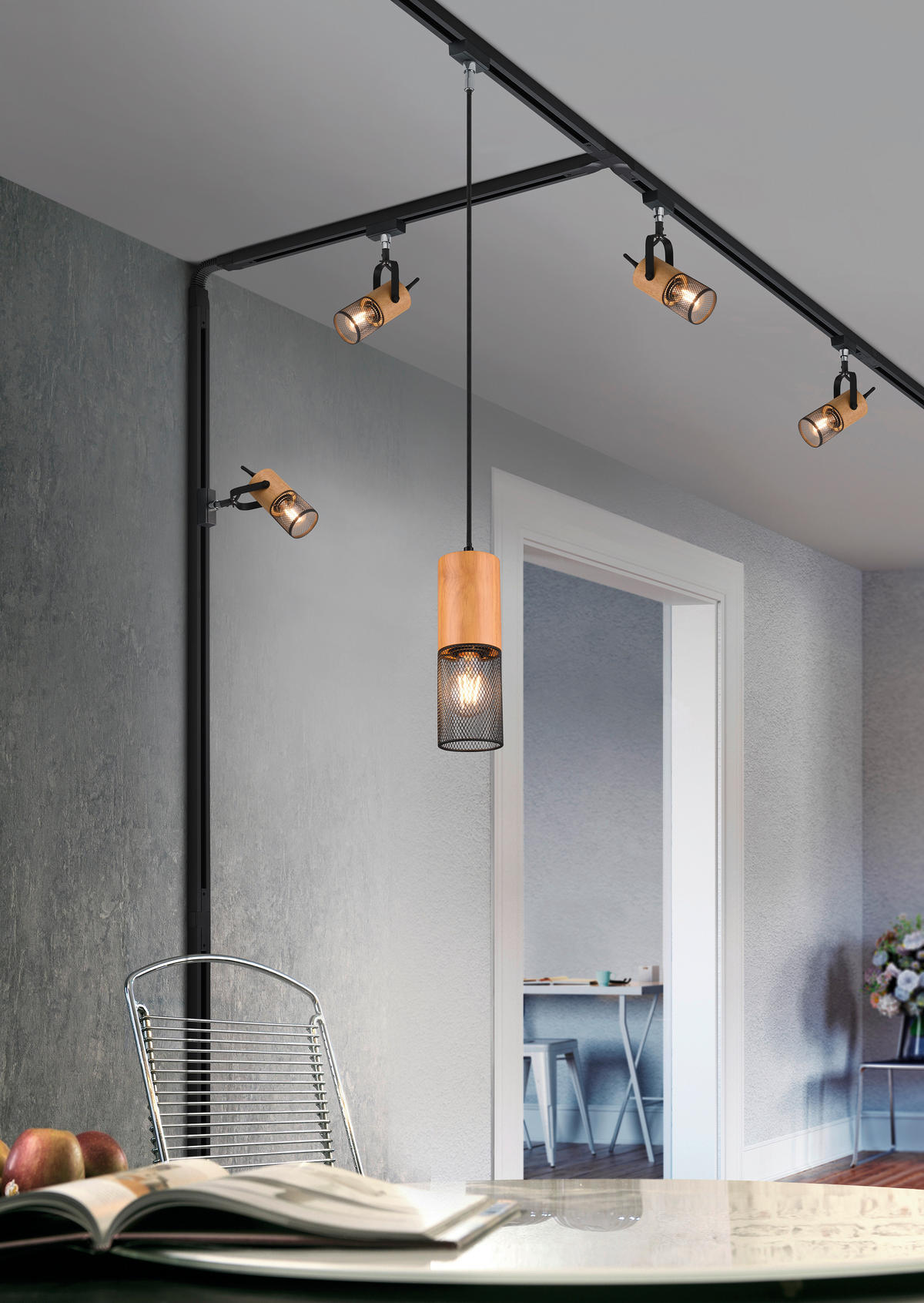 SCHIENENSYSTEM-HÄNGELEUCHTE 8,0/180 cm   - Schwarz, Natur, Holz/Metall (8,0/180cm) - Trio Leuchten