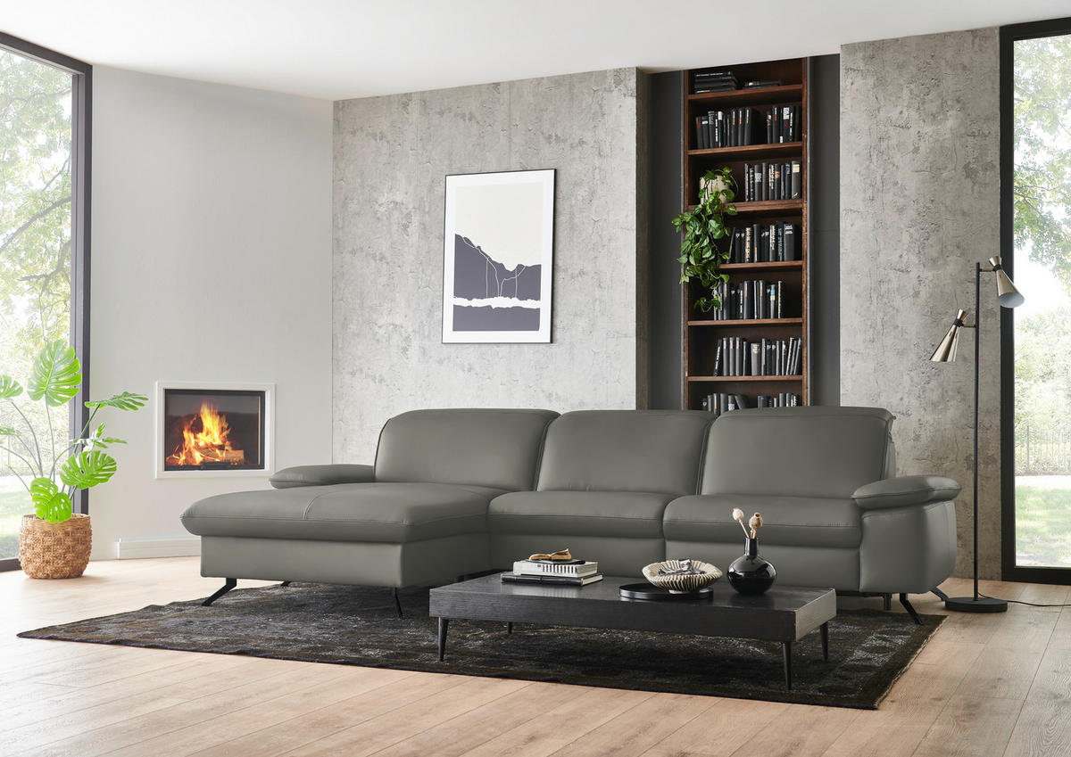 ECKSOFA  Echtleder Grau  - Schwarz/Grau, Design, Leder/Metall (169/307cm) - Beldomo Premium