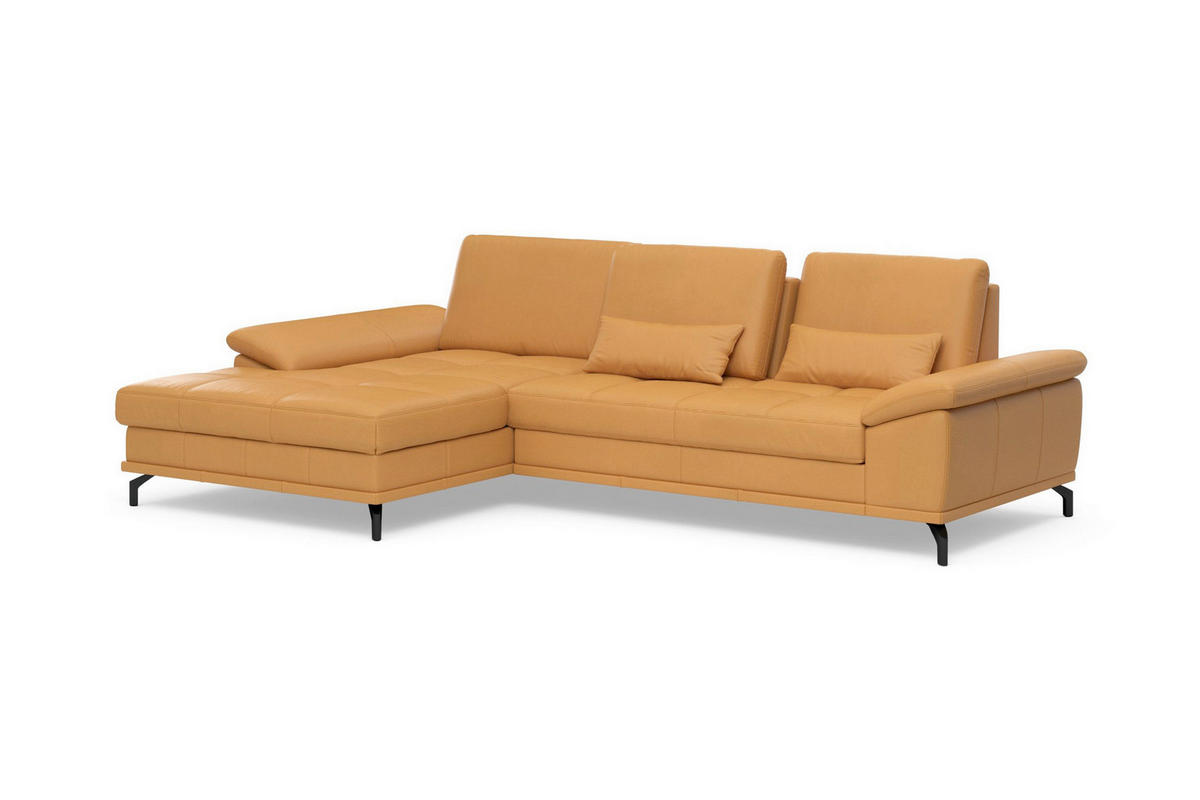 ECKSOFA COSTELLO E Currygelb Echtleder Nierenkissen, Armteilverstellung, Sitztiefenverstellung  - Currygelb/Schwarz, Basics, Leder/Textil (176/301cm) - Sit & More