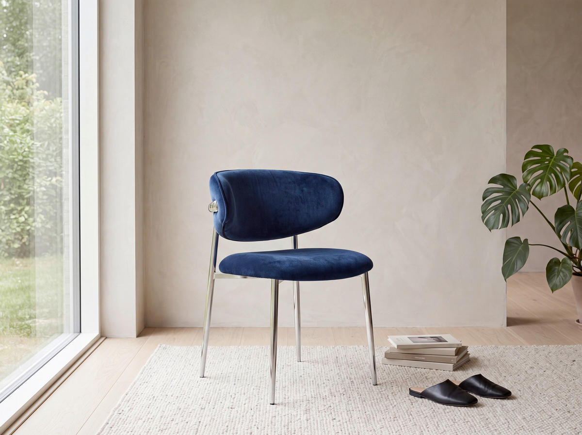 STUHL   Samt  Blau, Chromfarben  - Blau/Chromfarben, Design, Textil/Metall (54/80/59cm) - Novel