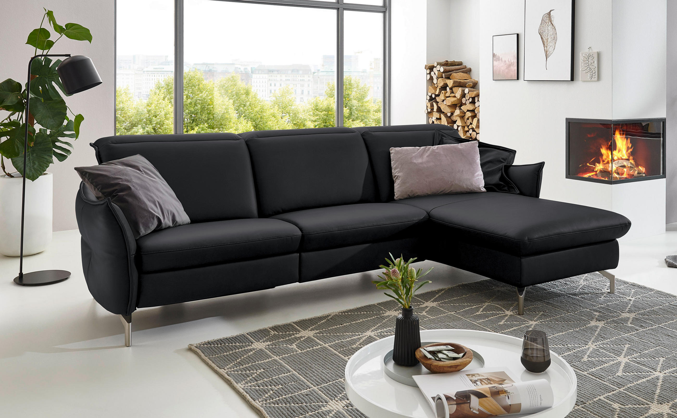 ECKSOFA in Echtleder Schwarz - Schwarz/Nickelfarben, Modern, Leder/Metall (263/179cm) - Livetastic