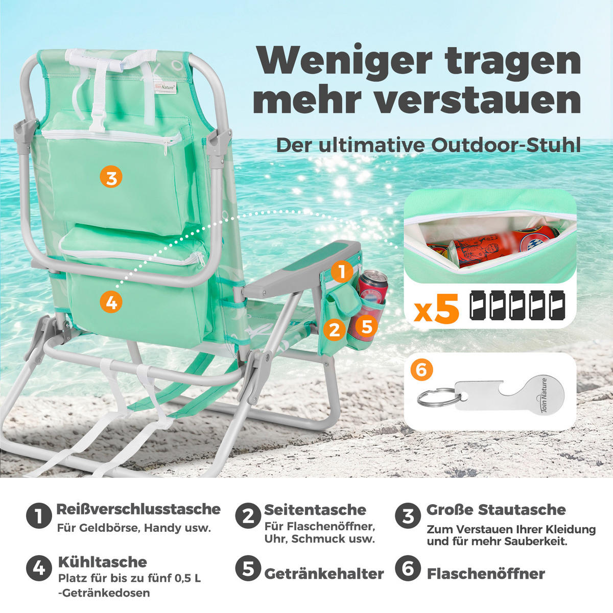 STRANDSTUHL Aluminium Alufarben, Mintgrün  - Alufarben/Mintgrün, Basics, Textil/Metall (61/62.5/83.5cm) - Modante