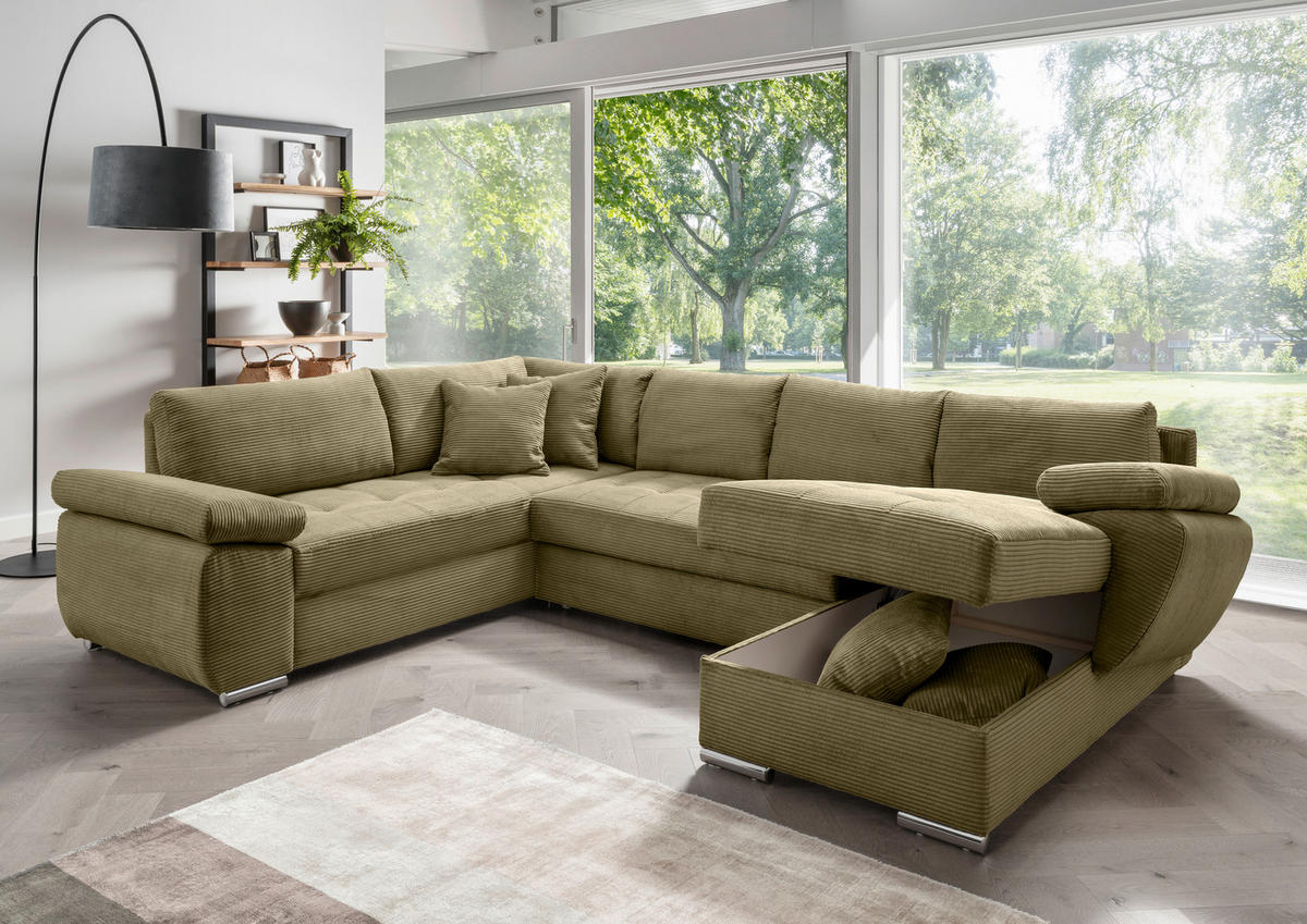Wohnlandschaft in Cord Olivgrün  - Chromfarben/Olivgrün, KONVENTIONELL, Textil/Metall (219/305/157cm) - Livetastic