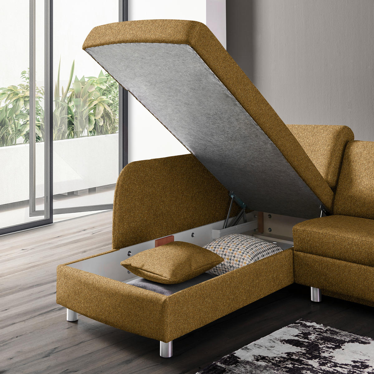 ECKSOFA  in Mikrovelours Senfgelb  208/227 cm  - Senfgelb/Alufarben, KONVENTIONELL, Textil/Metall (208/227cm) - Sedda