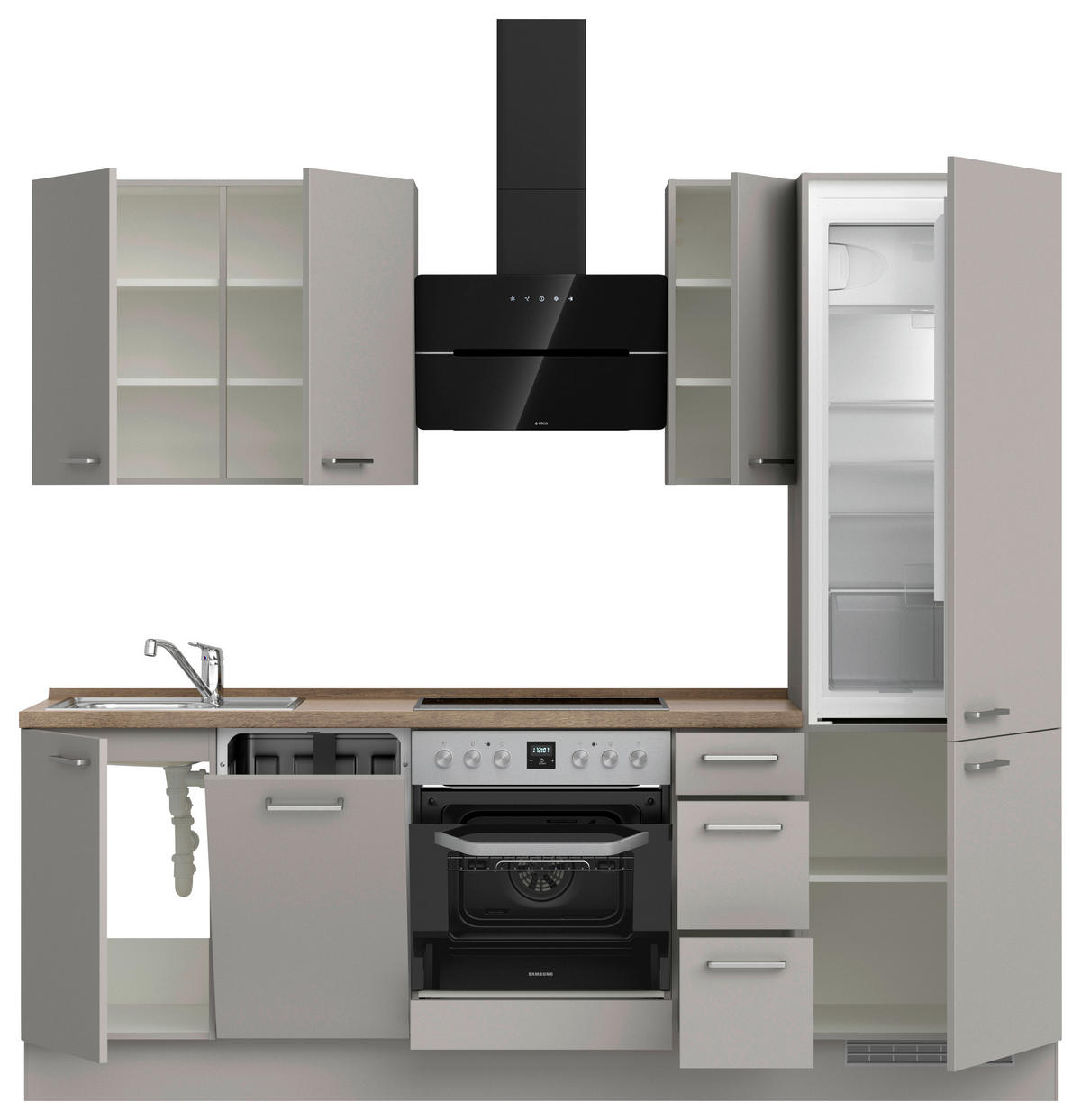 KÜCHENBLOCK 240 cm   in Grau, Eiche dunkel  - Eiche dunkel/Edelstahlfarben, MODERN, Holzwerkstoff/Metall (240cm) - Nobilia
