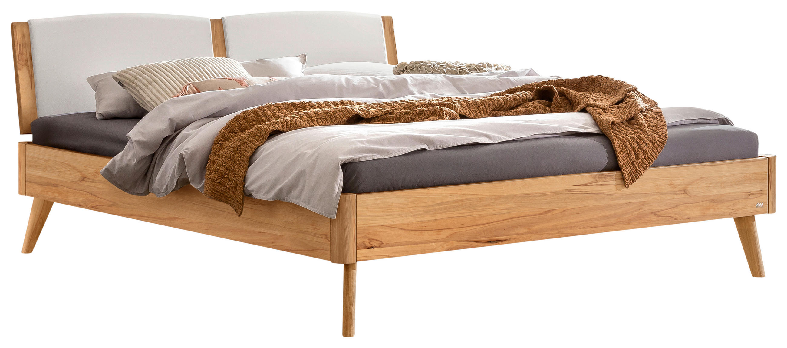 BETT 160/200 cm,  in Weiß, Buchefarben, gepolstertes Kopfteil,  - Buchefarben/Weiß, Design, Holz (160/200cm) - Hasena