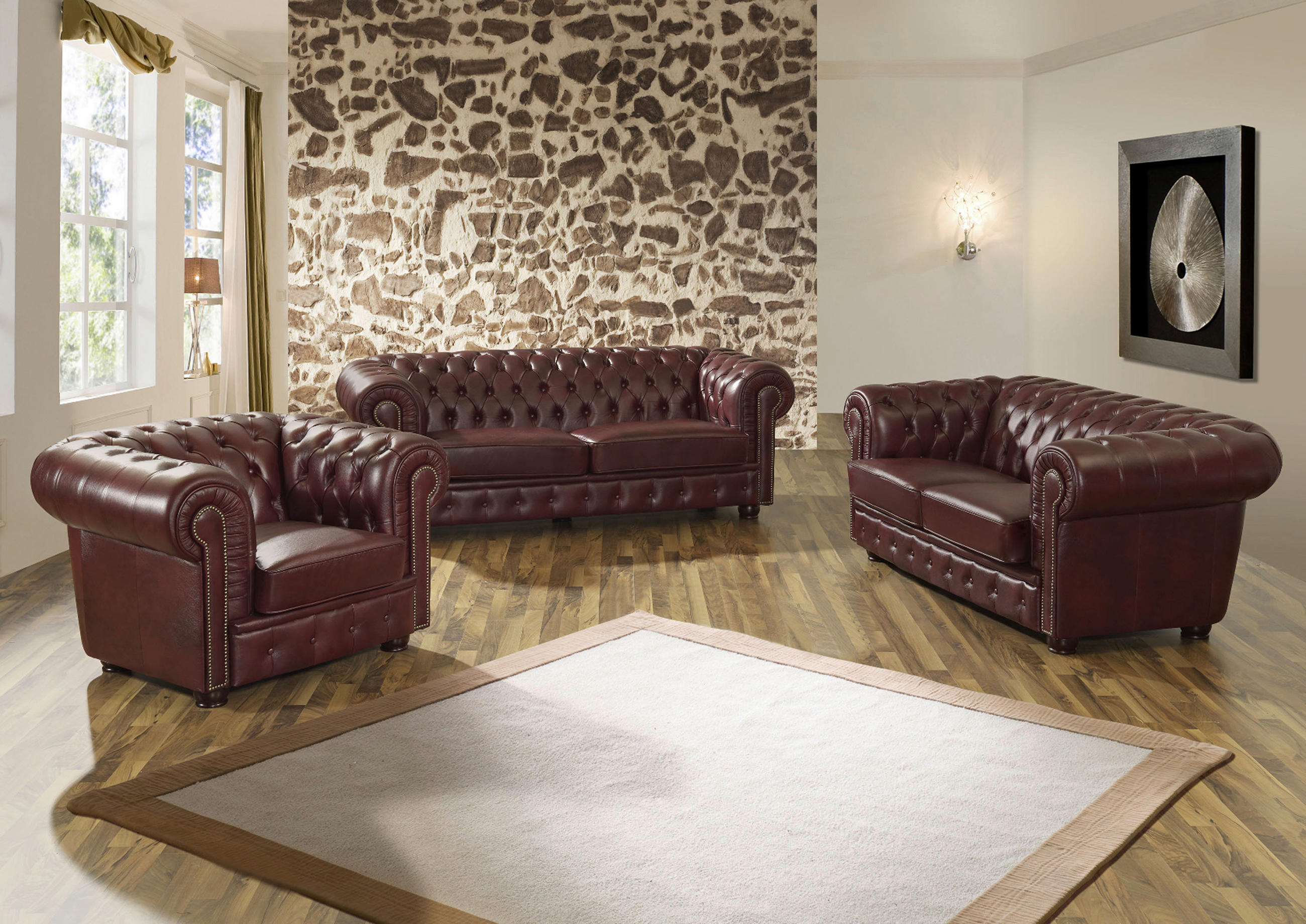 CHESTERFIELD-SOFA Rot Echtleder - Rot/Nussbaumfarben, KONVENTIONELL, Leder/Holzwerkstoff (174/74/98cm) - Max Winzer