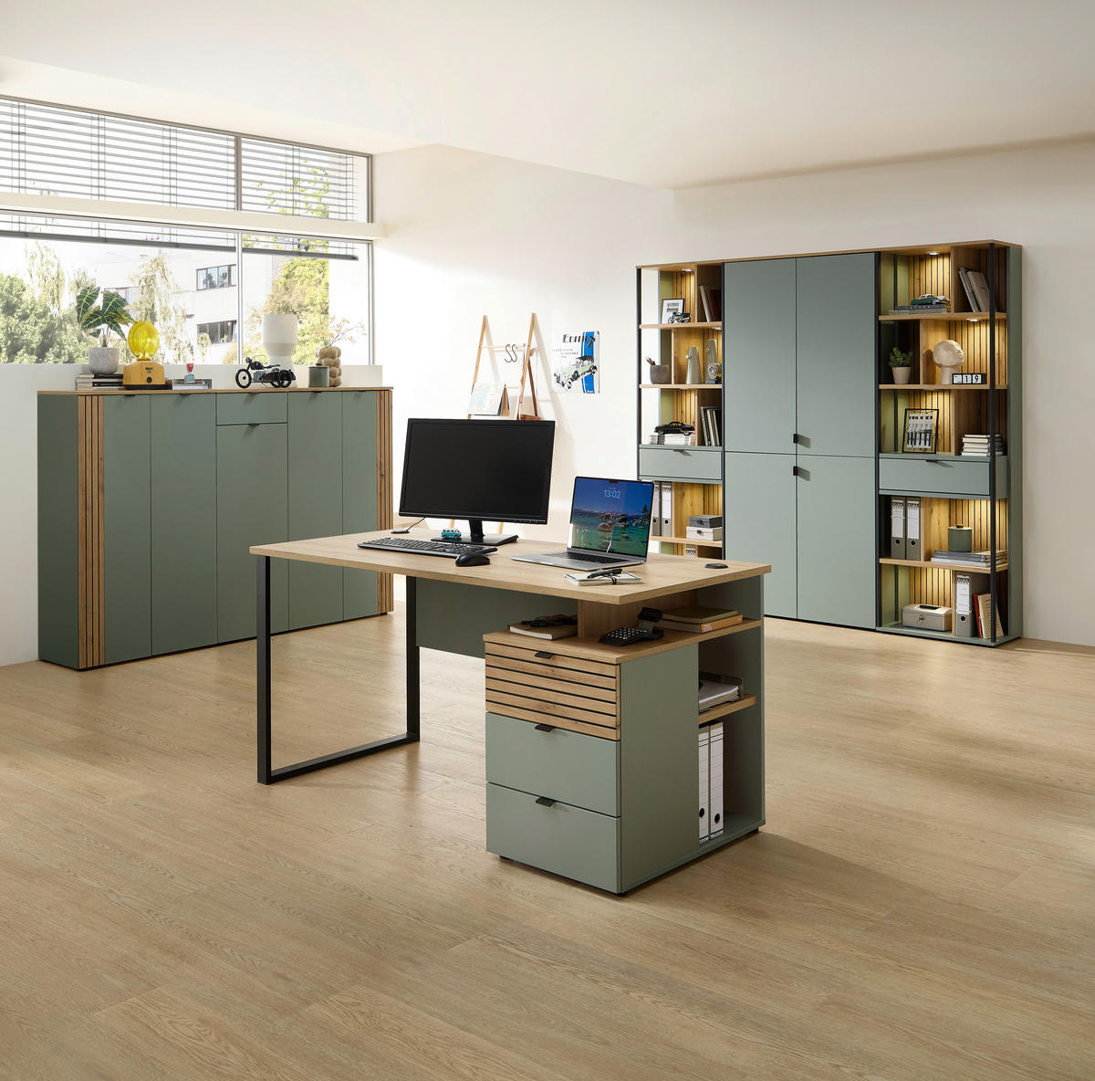 SCHREIBTISCH 150/77/73 cm Schwarz, Eiche Artisan, Schilfgrün  - Schilfgrün/Schwarz, KONVENTIONELL, Holzwerkstoff/Metall (150/77/73cm) - Voleo