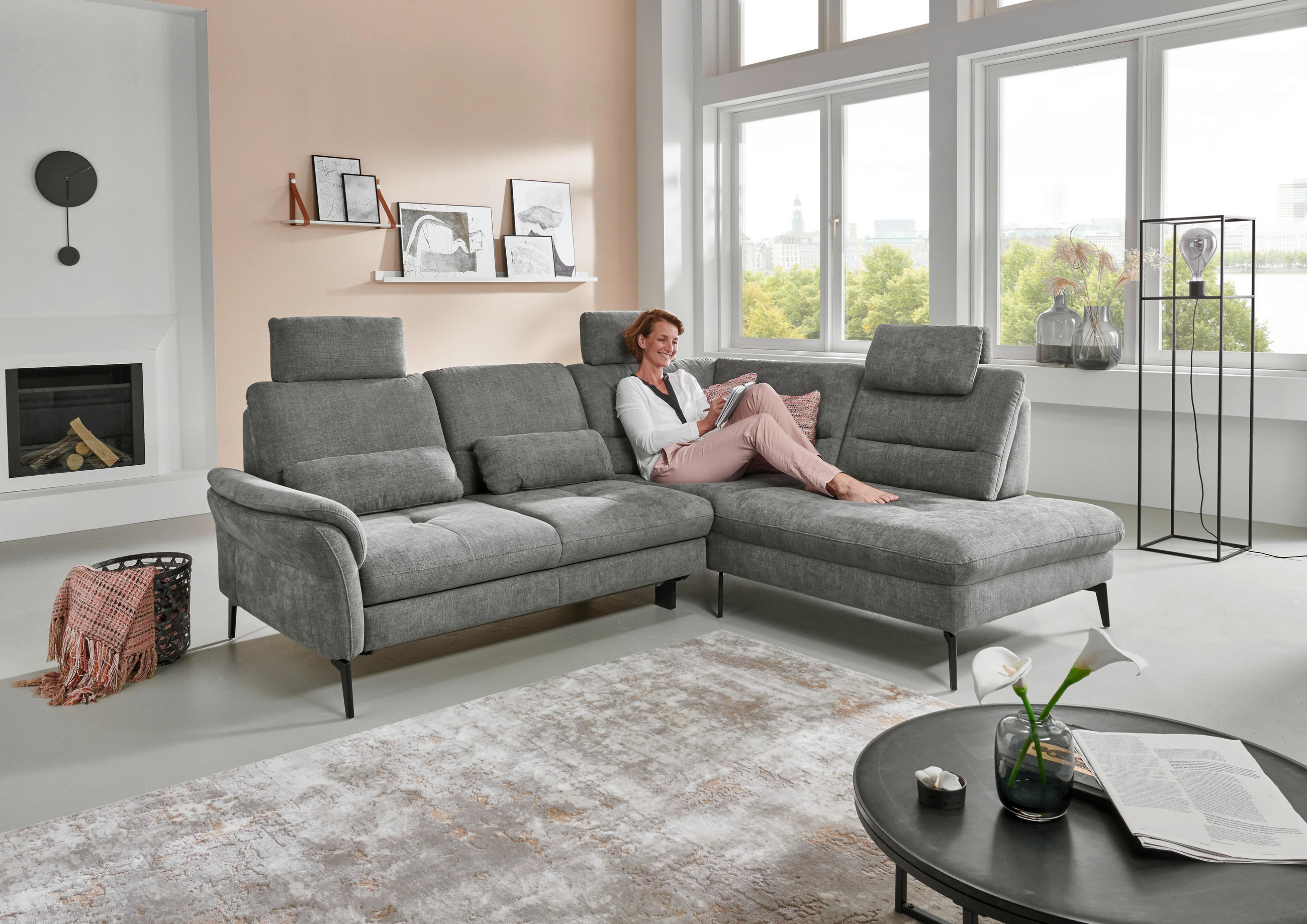 ECKSOFA Grau Webstoff  - Schwarz/Grau, Design, Textil/Metall (206/256cm) - Beldomo System
