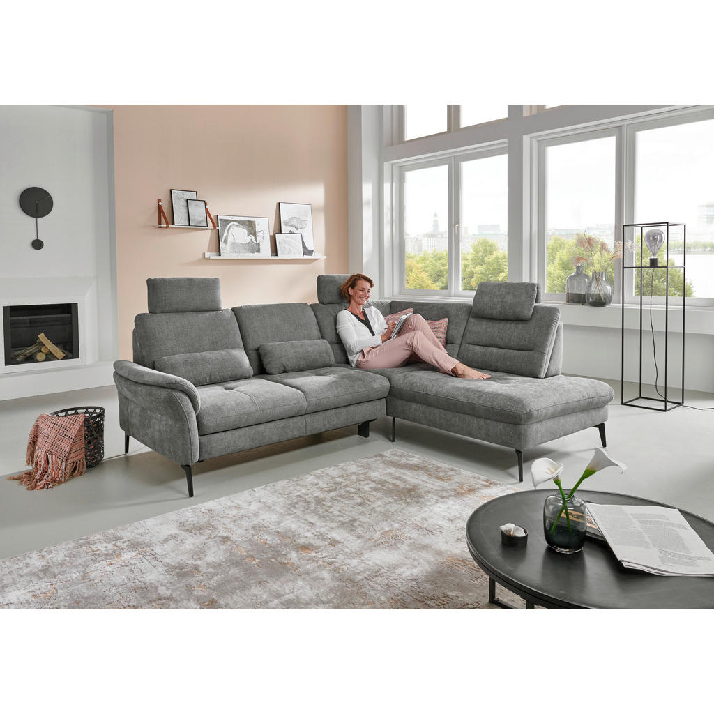 Thumbnail - Beldomo System Ecksofa, Grau, Textil, 4-Sitzer, Ottomane links, L-Form, 256x206 cm, Goldenes M, Stoffauswahl, seitenverk...