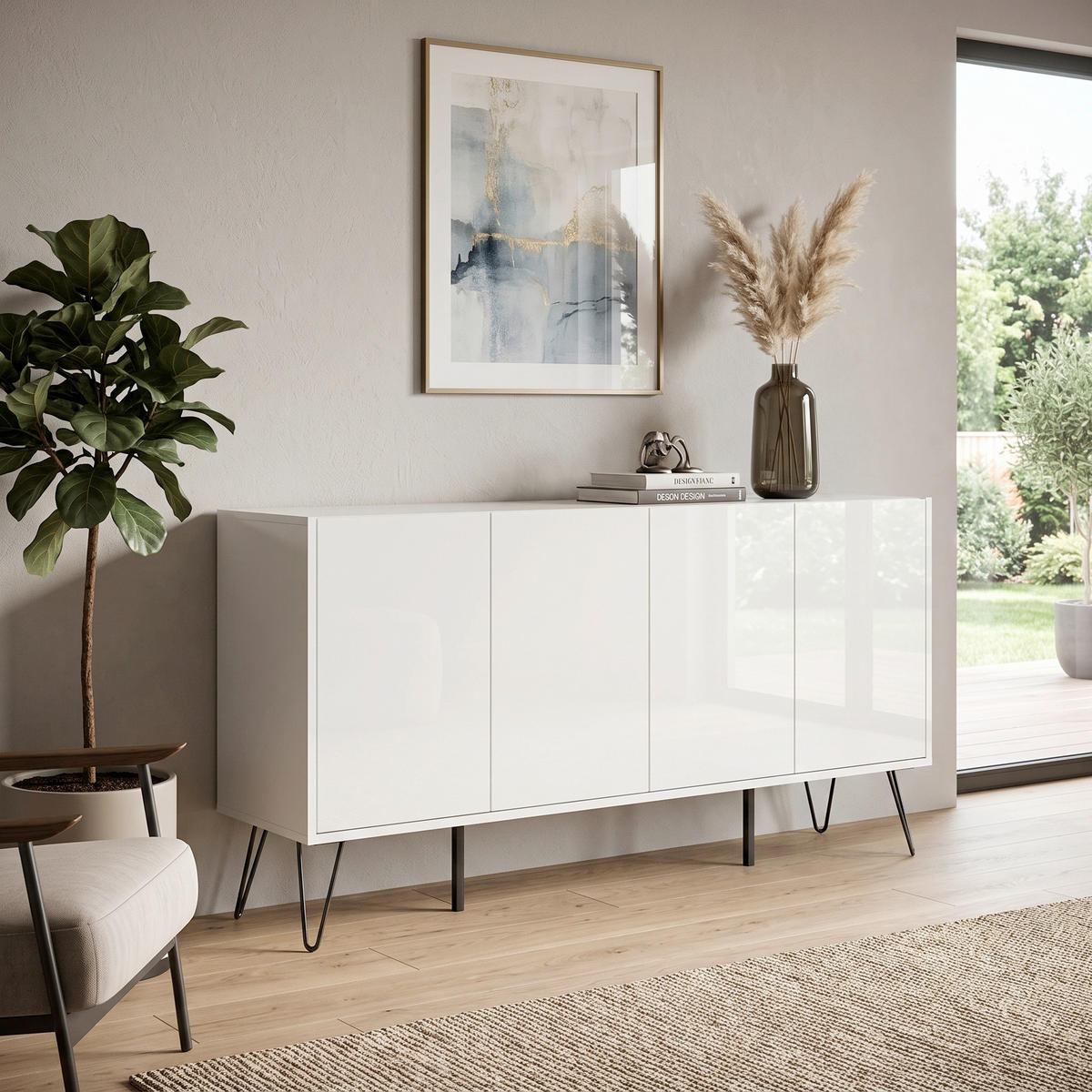 SIDEBOARD Posseik Industrial 155/75,8/42 cm  - Weiß Hochglanz/Schwarz, Design, Holzwerkstoff/Metall (155/75,8/42cm) - MID.YOU
